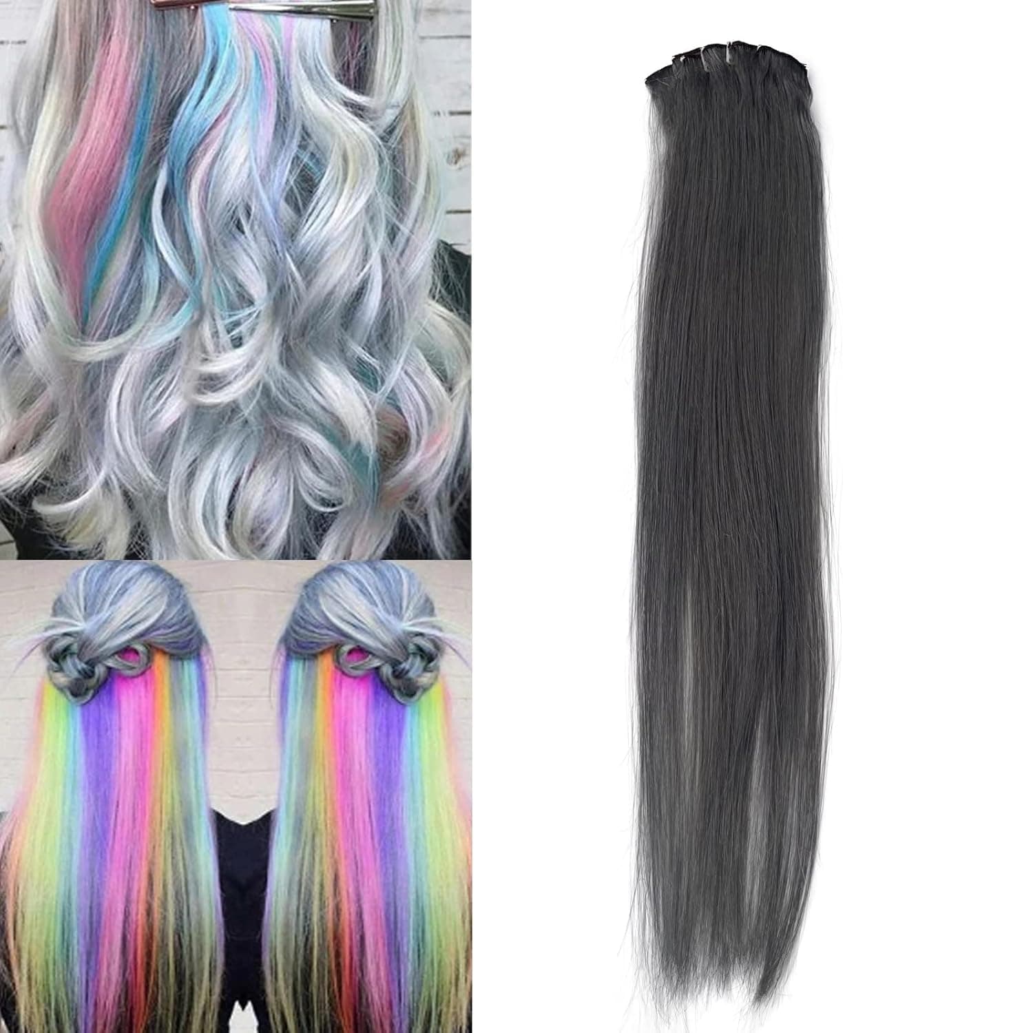 Belaved 6Pcs Gray Hair Extensions Clip ins 18inch Straight Colored Hair Extensions Colorful Clip in Hair Extensions Real Human Hair Gray Colorful Hair Accessories for Girls Women Kids Hairpieces