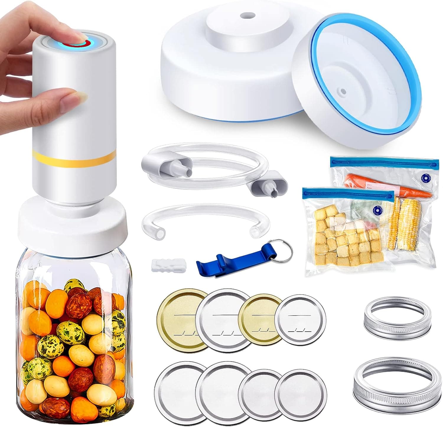 Mason Jar Vacuum Sealer, EBGRF Electric Jar Sealer and Accessory Hose Compatible with FoodSaver Vacuum Sealer, Vacuum Sealing Kit for Wide & Regular Mouth Mason Jars with Electric Vacuum Pump and Jar Lids for Food Storage