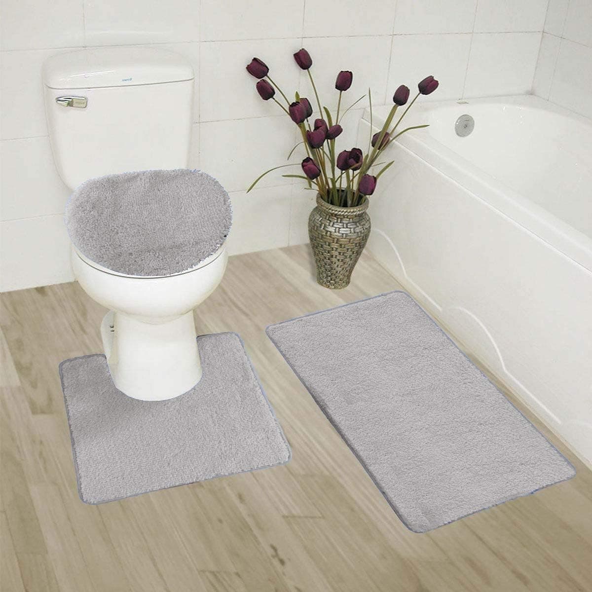 Elegant Home Goods Solid Color 3 Piece Bathroom Rug Set Bath Rug, Contour Mat, Lid Cover Non-Slip with Rubber Backing Solid Color New #6 (Silver)
