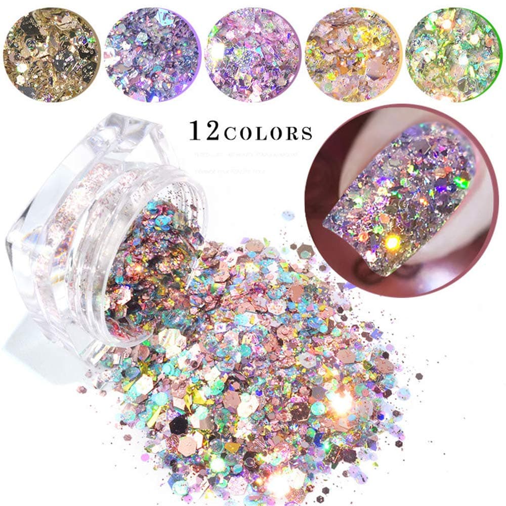 12 boxes Colorful Christmas Glitter Powder Dust Nail Art Glitter Powder Tips Decoration Festival Glitter Cosmetic Face Hair Body Art Glitter Nail Art