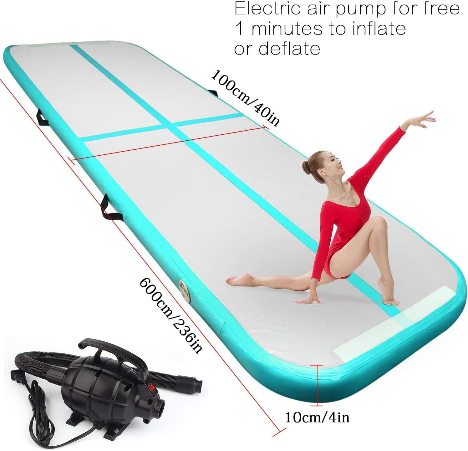 FBSPORT 8 inches/4 inches Thickness Air Inflatable Track,26 ft/23ft/20ft/17ft/13ft/10ft Air Gymnastics Mat for Gymnastics Training/Home Use/Cheerleading/Yoga/Water with Electric Pump