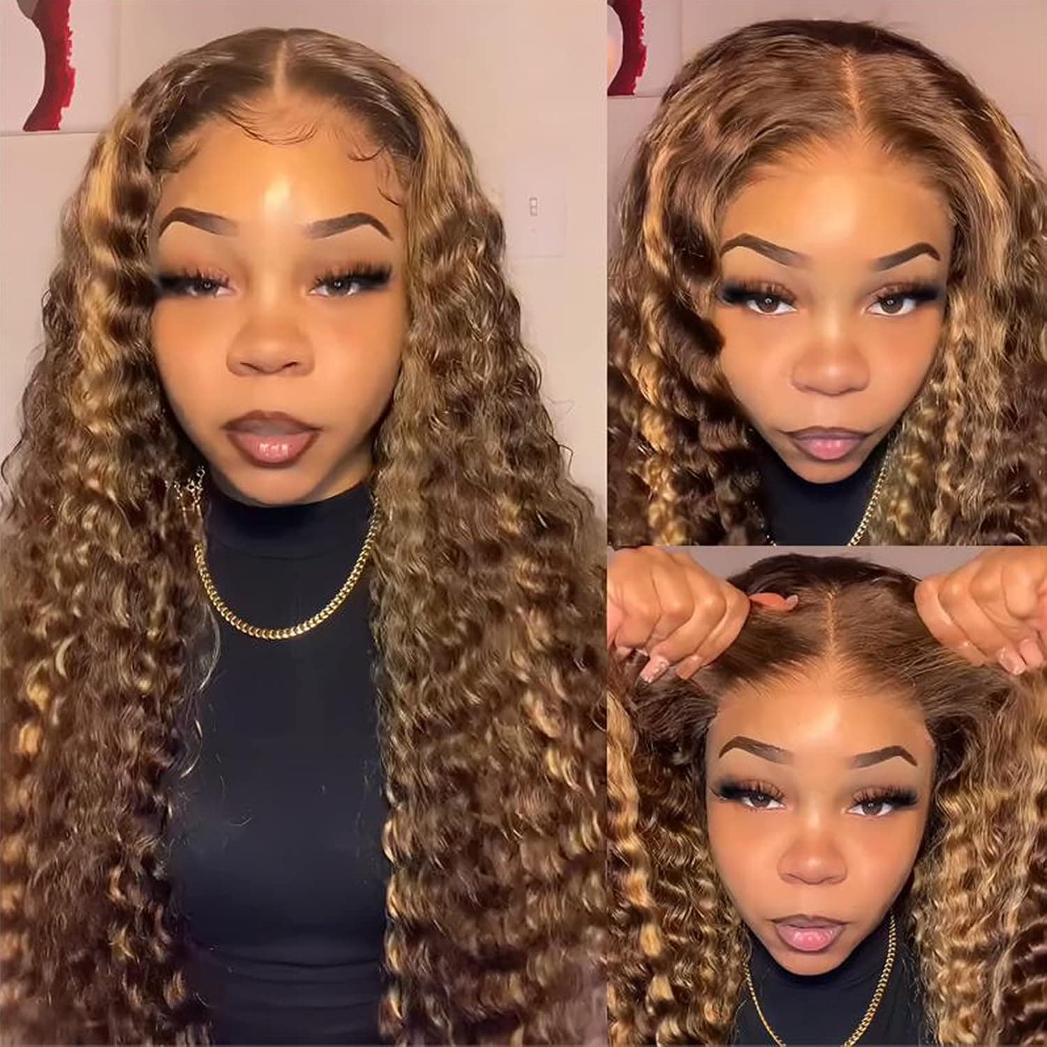 BLY Wear and Go Glueless Wigs Human Hair Pre Plucked 4x6 HD Transparent Pre Cut Lace Front Wigs Deep Wave Curly Hair 4/27 Ombre Chestnut Brown to Honey Blonde Highlights Hair for Women 20 Inch