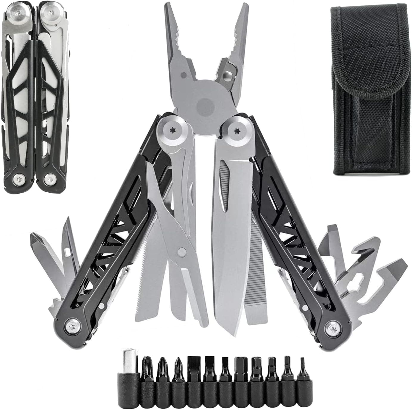 Gehiqey Multitool Pliers, 18 in 1 Multi Tool with Safety Locking, 12 Screw Driver Bits, Stainless Steel Multifunction Pocket Knife for Outdoor Survival Camping Hiking Repair, Gifts for Men Dad