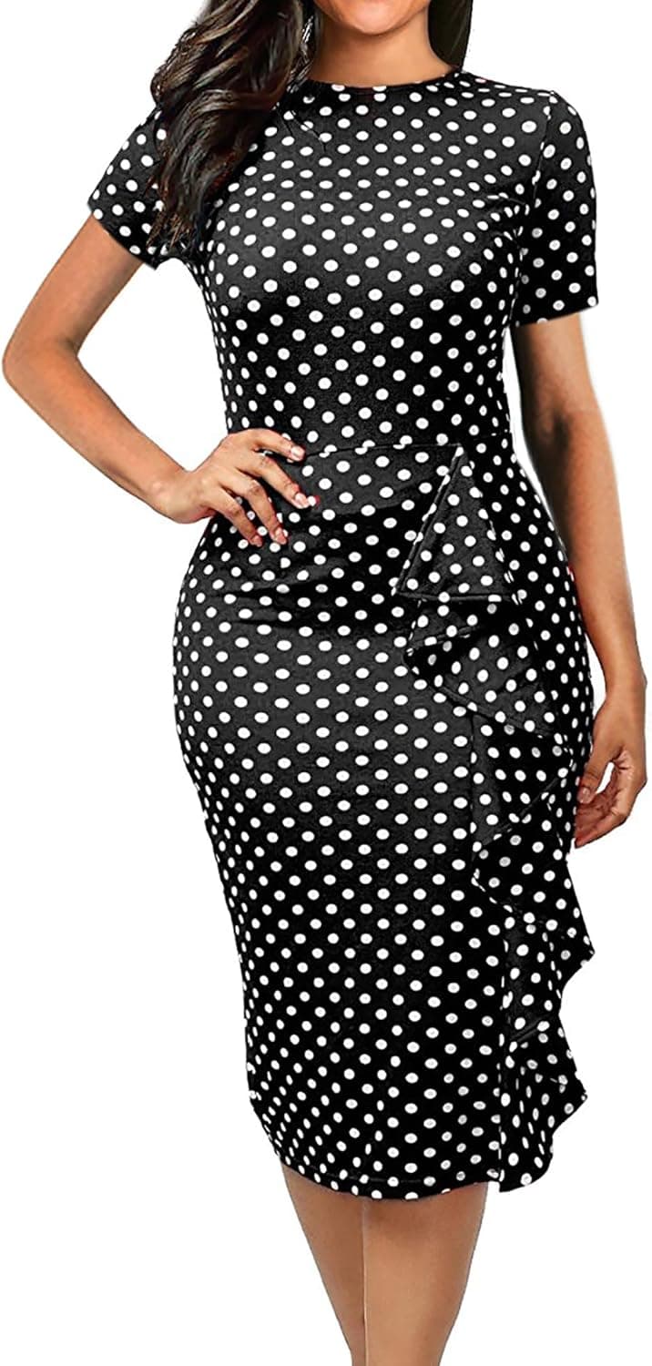 oxiuly Women's Vintage Polka Dot Floral Patchwork Stretchy Work Casual Bodycon Sheath Pencil Dress OX055