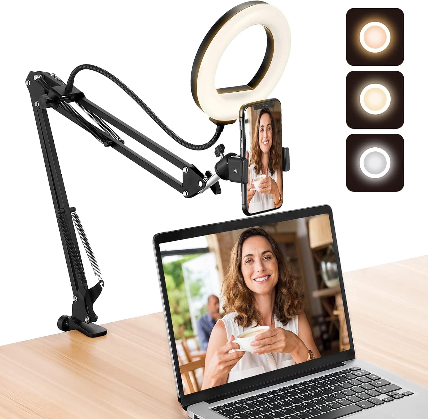 Overhead Phone Mount with Ring Light, Flexible Boom Arm Stand for Camera Recording Compatible with iPhone Logitech Webcam, Ring Light Desk Tripod Kit for Video Recording/YouTube/Tiktok/Live Stream