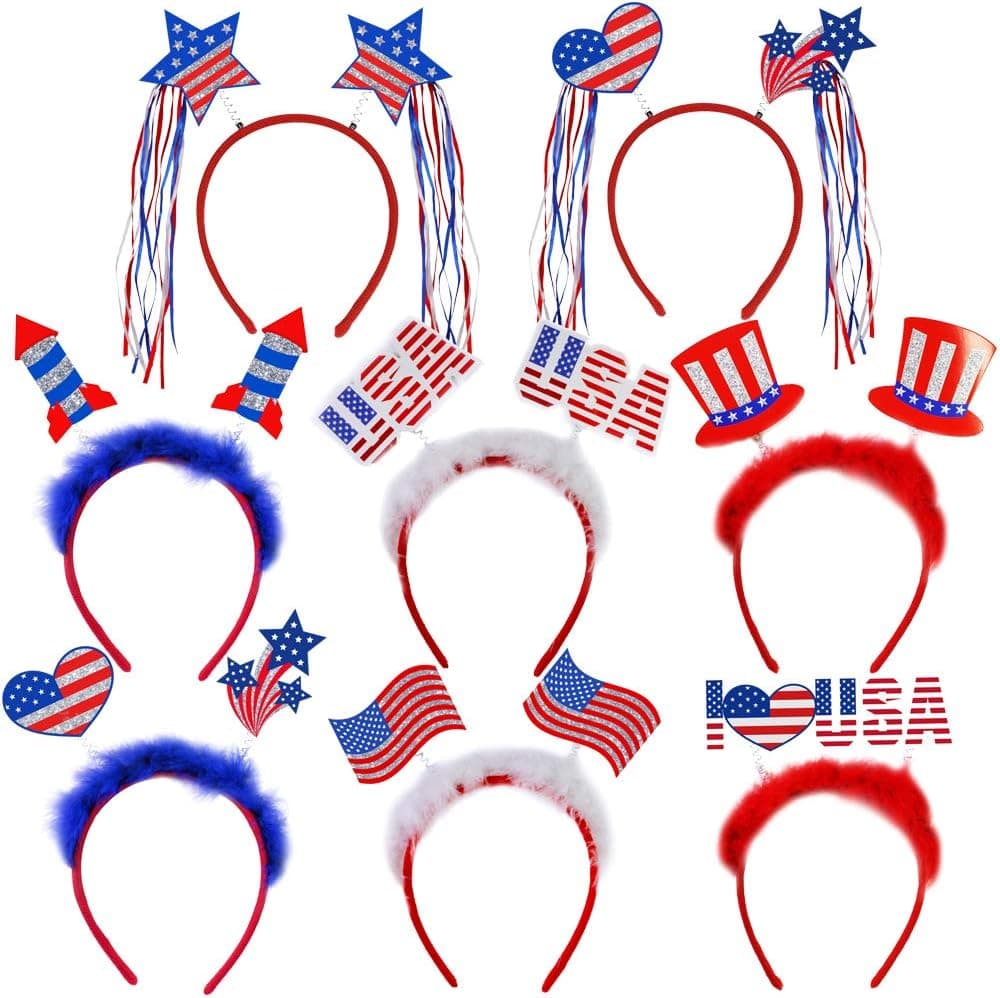 Supla 8 Sets Patriotic Headband 4th of July Head Boppers American Flag Star Heart USA Rocket Firework Uncle Sam Top Hat I Love USA 8.7" x 5.5" (LXW) for Memorial Day Patriotic Party Favors Photo Props