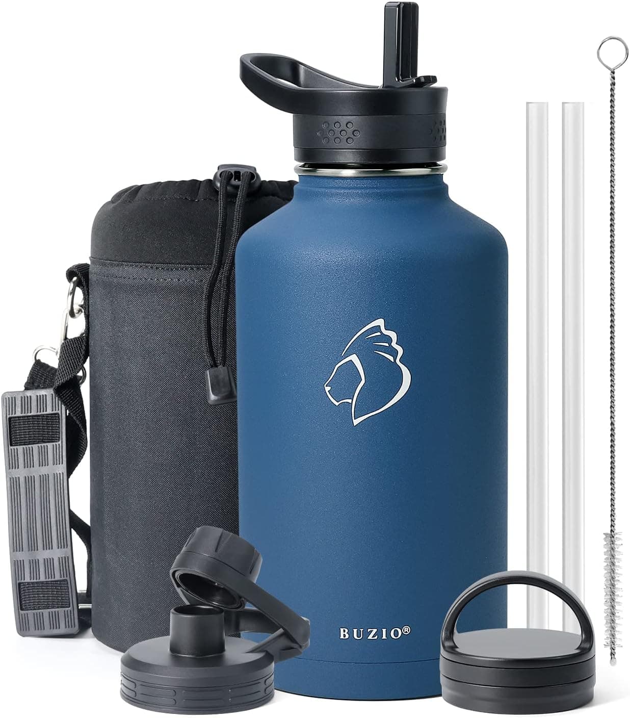 BUZIO Stainless Steel Insulated Water Bottle Flask Jug, 64 oz Water Bottle with Straw Lids, Half Gallon Canteen Metal Thermo Mug Hydro Jug, Double Vacuum Hot Cold Water Bottles Carrying Pouch, Blue