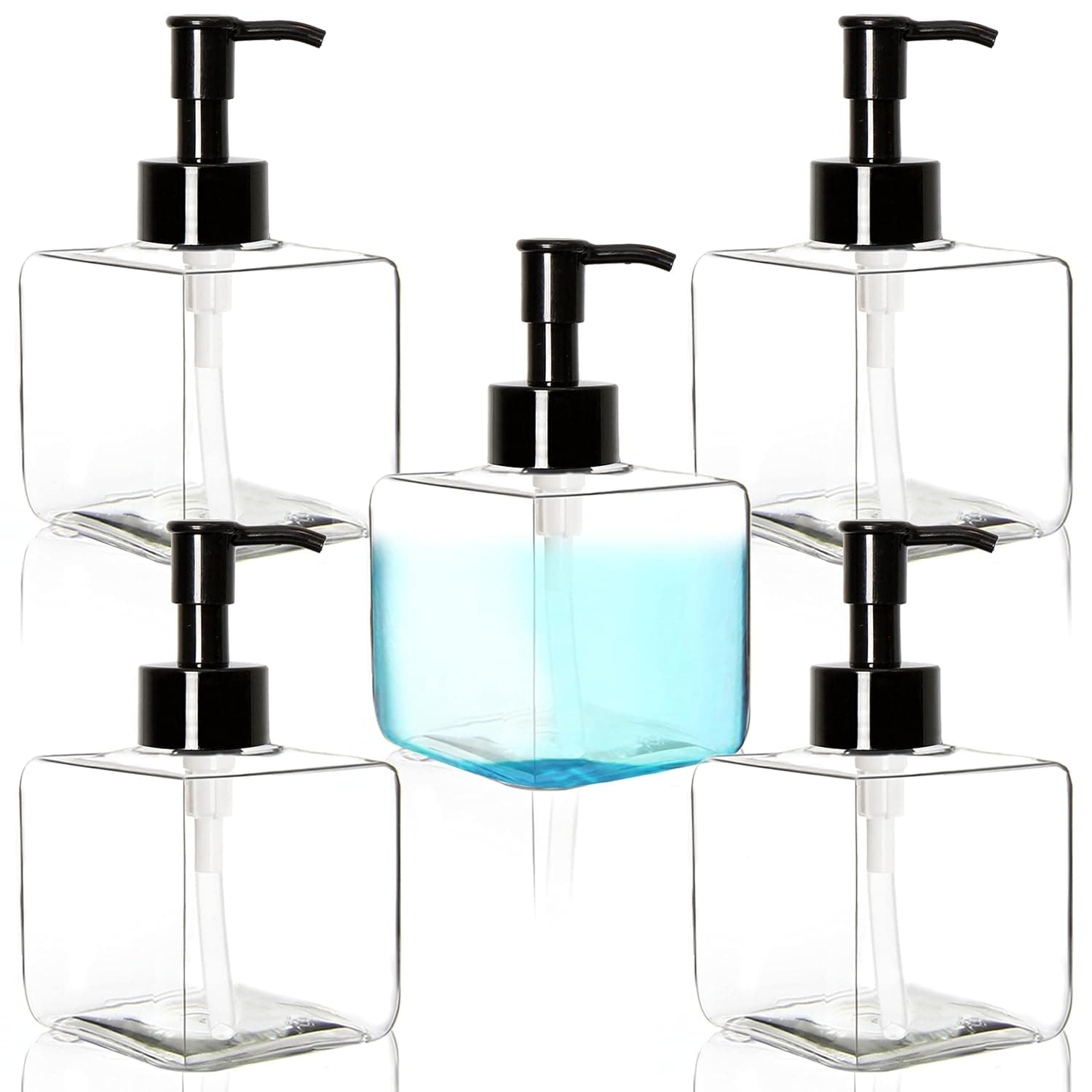 Youngever 5 Pack Clear Plastic Square Pump Bottles, Refillable Plastic Pump Bottles for Dispensing Lotions, Shampoos (8 Ounce)