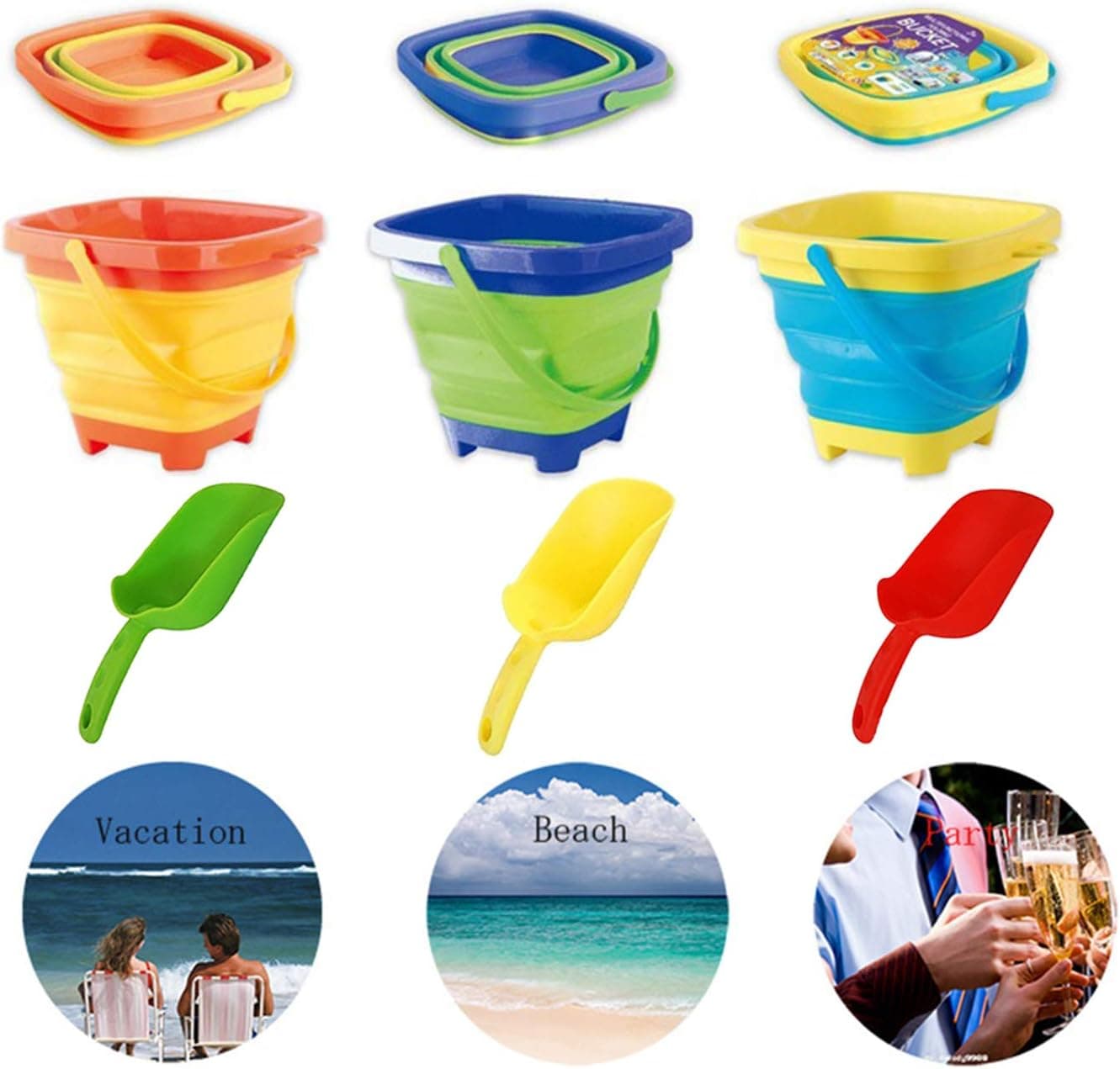 RANLUP 6.7 Inch Beach Pails Sand Buckets and Sand Shovels Set for Kids,Summer Beach Toys for Outdoor,Foldable Bucket Portable Silicone Pail for Kids Beach Play, 2L, 3PCS