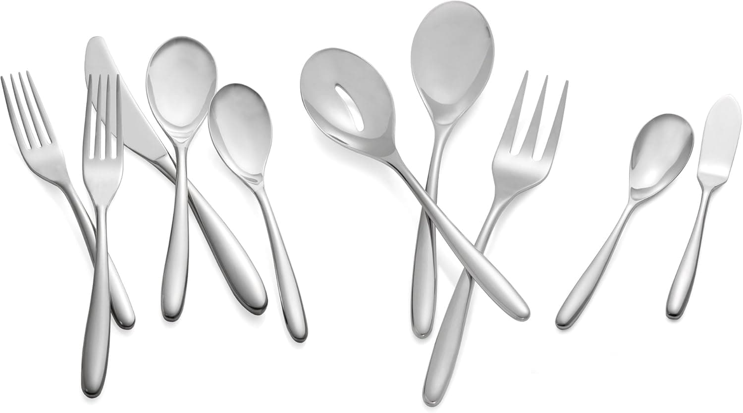 nambe Bend 45-Piece Flatware Set, 18/10 Mirror Stainless Steel Silverware Cutlery Set, Designed for Home Kitchens, Hotel, or Restaurants, Service for 5 and a 3pc Serving Utensil Set, Dishwasher Safe