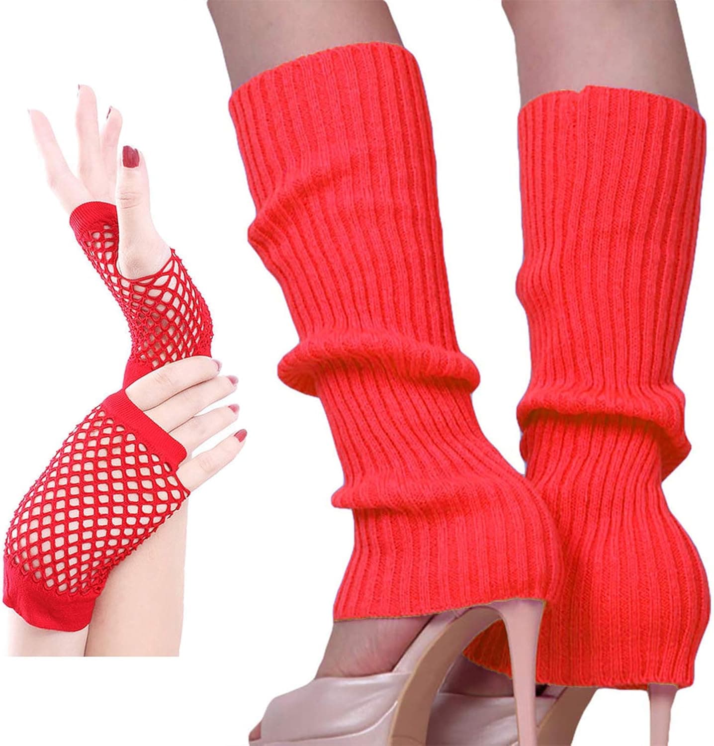 Song Qing Teen 80s Dance Plain Ribbed Women Knit Crochet Long Leg Warmers & Short Fishnet Golves Fancy Dress
