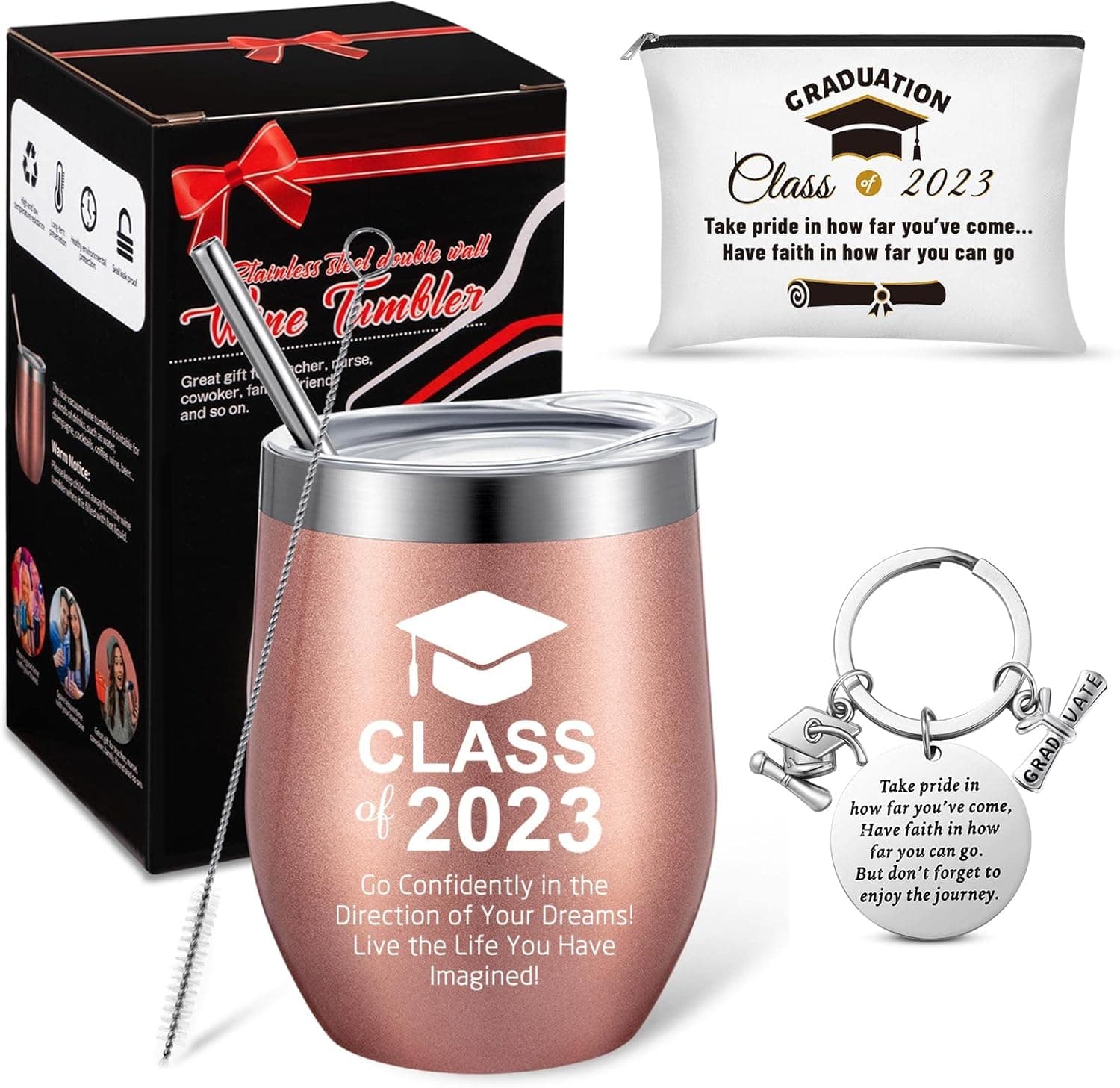 Patelai Class of 2023 Gifts for Graduates 2023, Ideal Graduation Gifts for Her Him High School College Graduation Daughter Friends Graduation 12oz Wine Tumbler, Keychain, Bag (Rose Gold, 2023)