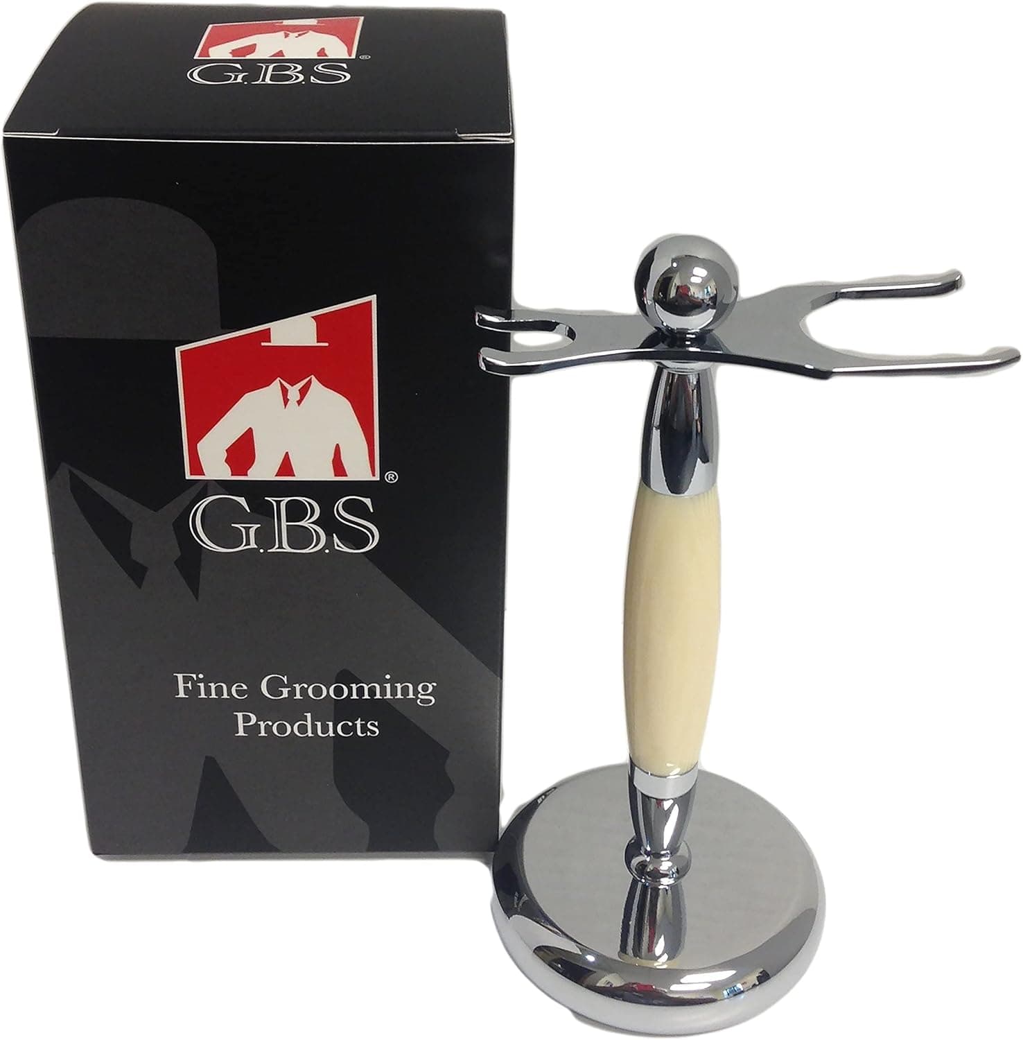 G.B.S 6" Tall Dual Stand for Razor & Brush- Professional Deluxe Stand- Prolongs Your Brush & Razor Life– Durable Shaving Brush Stand Made of Chrome with Weighted Base Faux Ivory Will Fit Most Tools!