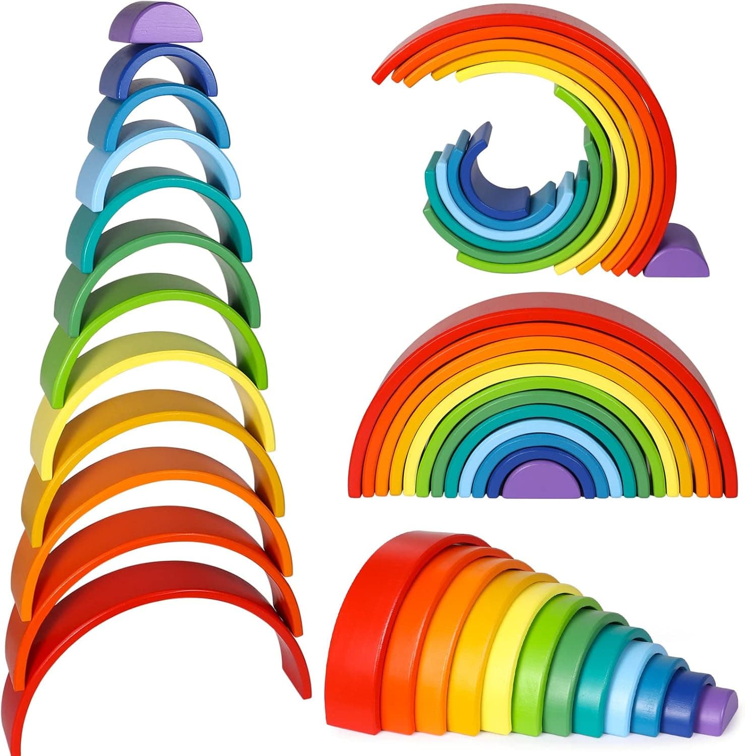 Lewo 12 PCS Wooden Rainbow Stacker Extra Large Stacking Game Nesting Puzzle Building Blocks Educational Toys for Kids Baby Toddlers