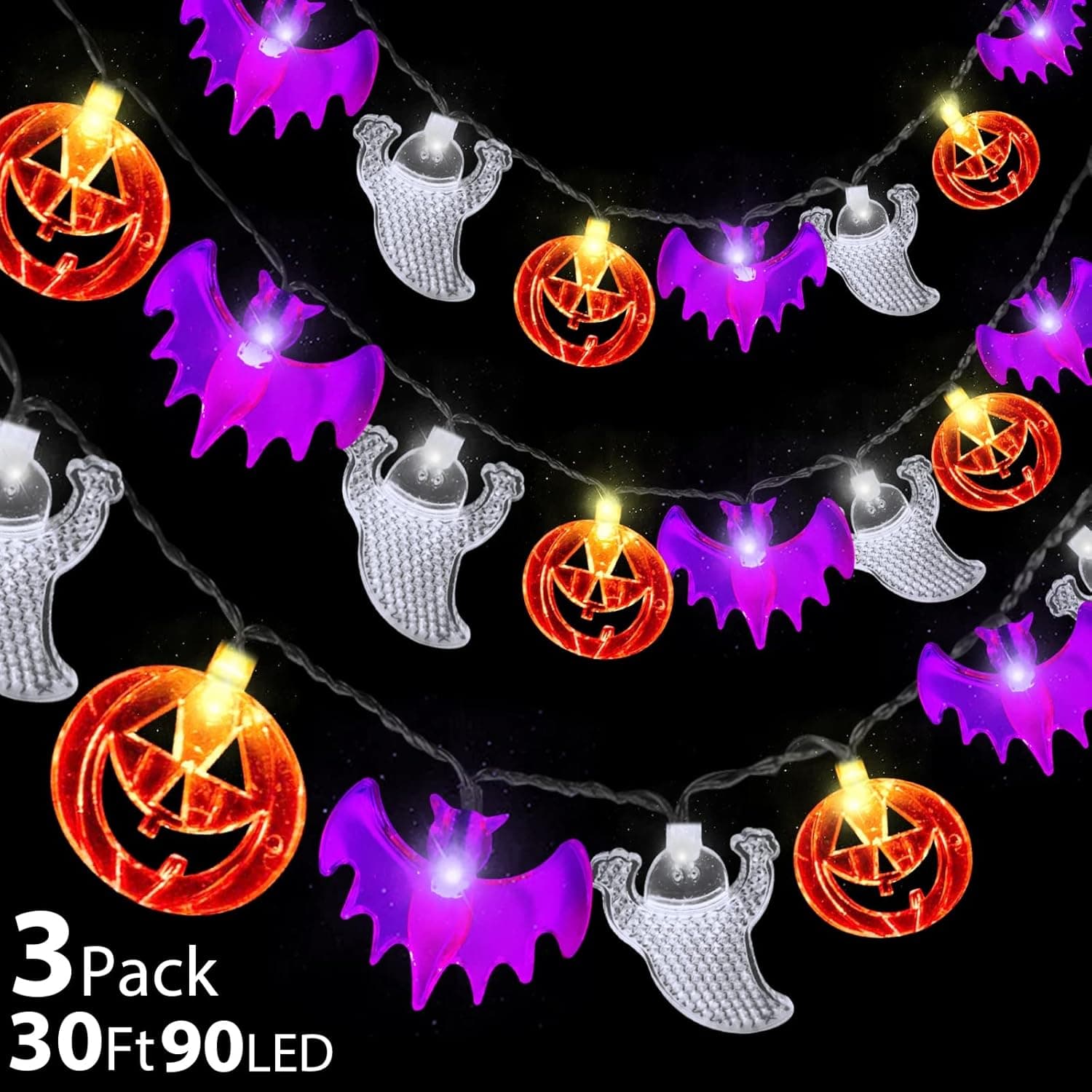 3 Pack Total 30Ft 90LED Halloween Lights Decorations with Timer 3 in 1 Orange Pumpkins Purple Bats White Ghost String Lights Battery Operated Halloween Decor Home Party Outdoor Indoor,10Ft 30LED Each