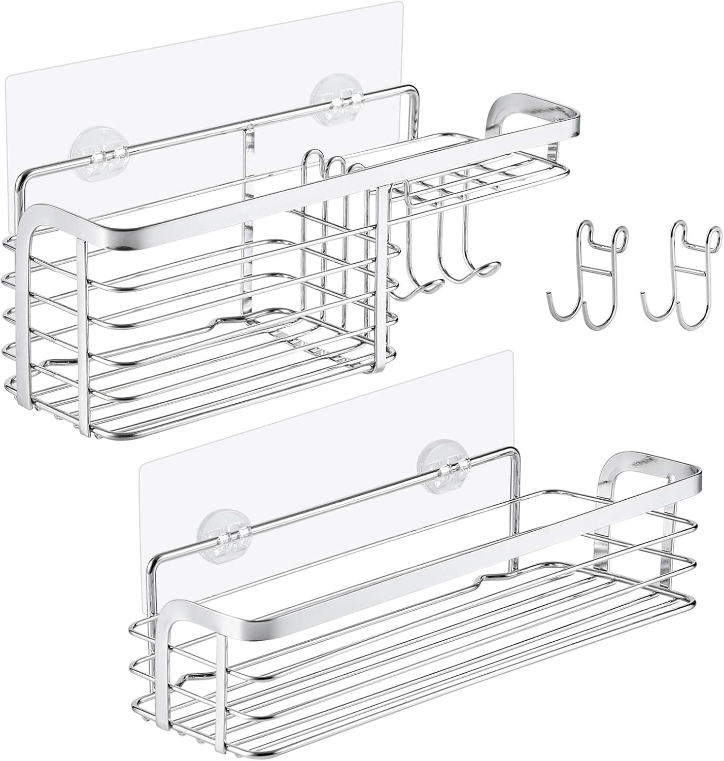 Lagute 2-Pack Shower Caddy, Combined Bathroom Shelf with Soap Dish and Hooks for Razor, Brush, Sponge, Shampoo, Wall Mounted Rustproof Deep Basket with Adhesive, No Drilling, SUS 304 Stainless Steel