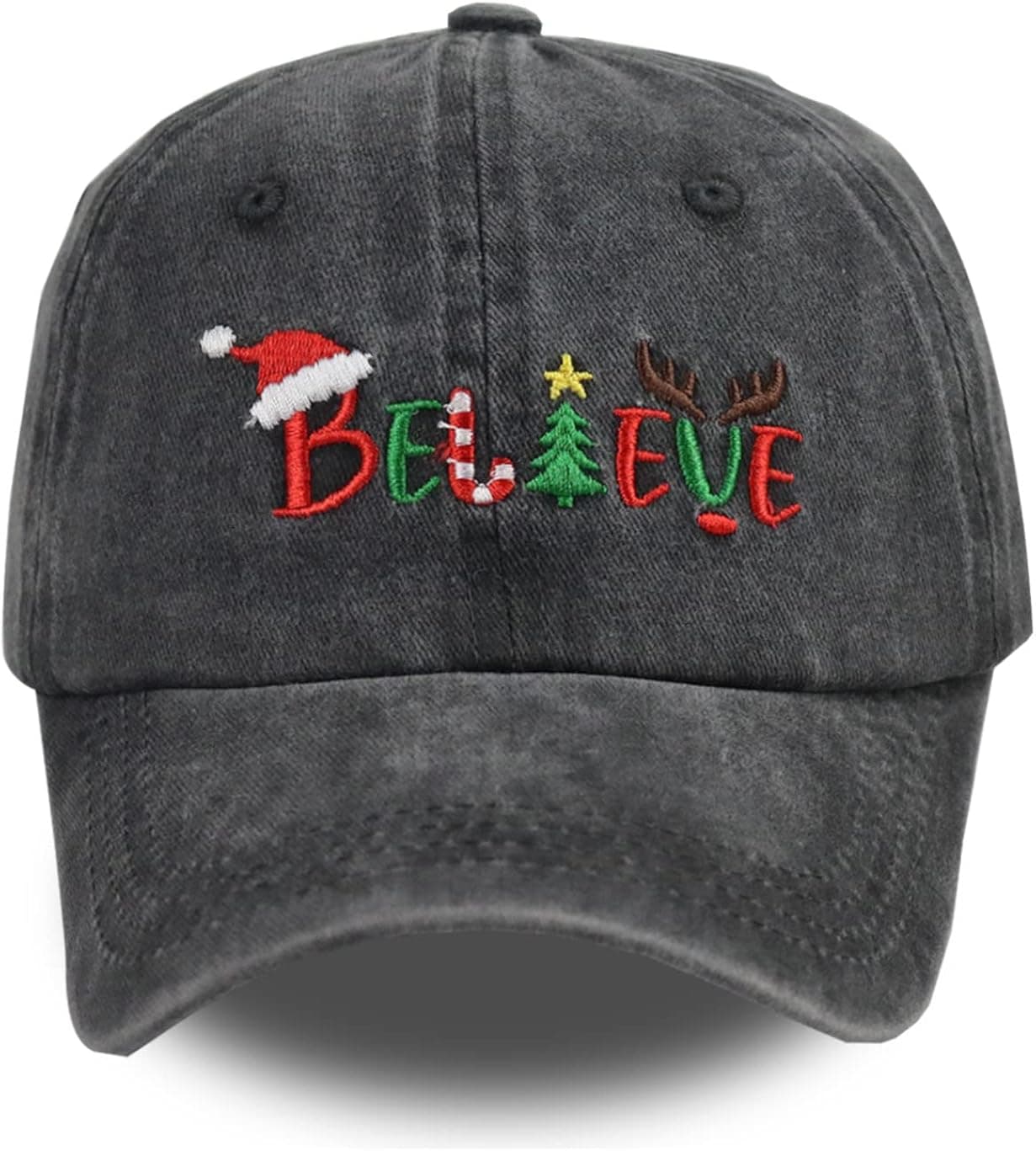 Funny Santa Christmas Hats for Men Women, Xmas New Year Festive Holiday Party Supplies Hat, Adjustable Washed Vintage Cotton Believe Baseball Cap, Gifts for Man, Woman, Dad, Mom, Wife, Husband Black02