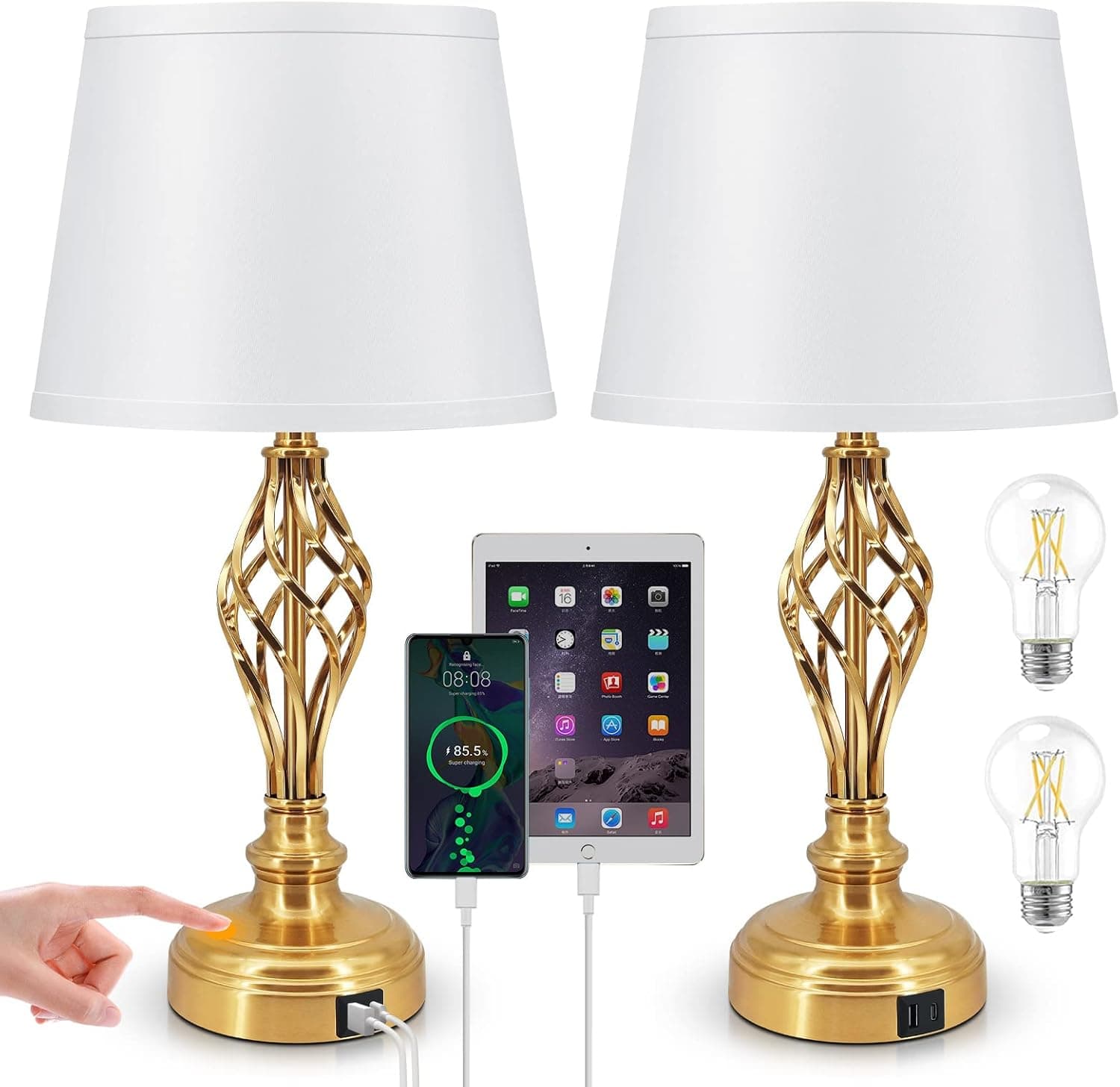 Wiomonrew Touch Table Bedside Lamps Set of 2, 3-Way Dimmable Nightstand Lamps with USB Type-C Ports, 22.64 inch Tall Bedside Nightstand Lamp Traditional Desk Lamp ( Gold)