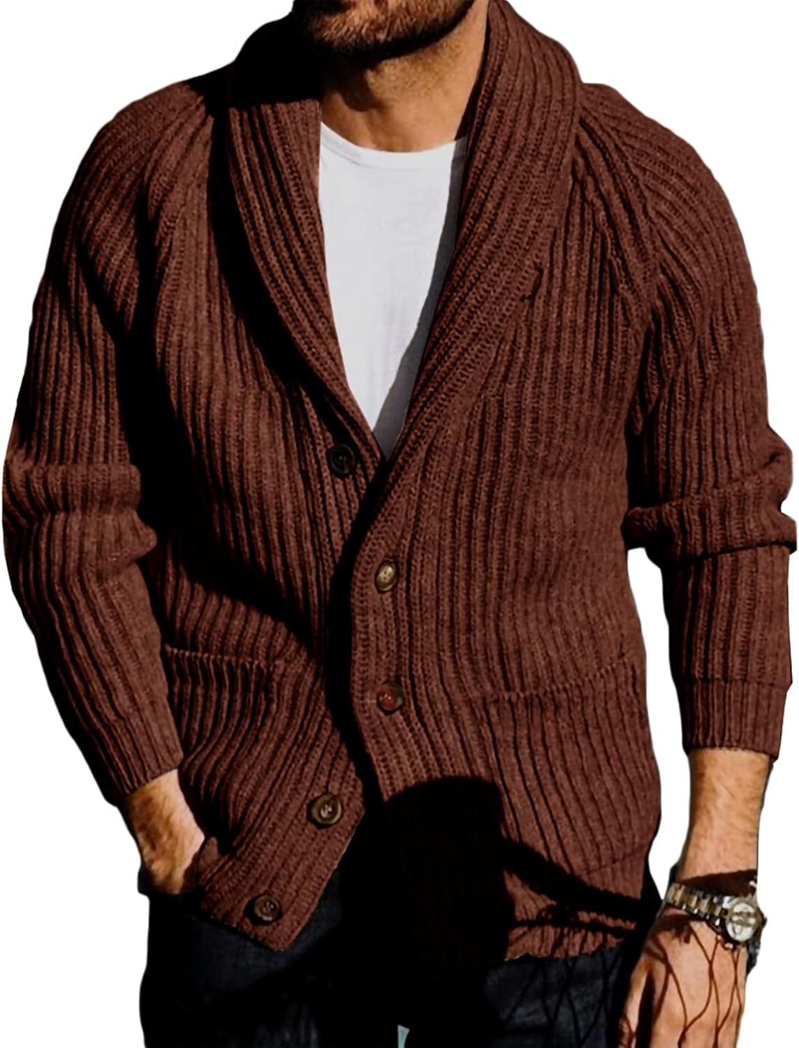 Ryannology Mens Shawl Neck Cardigan Sweater Cable Knit Zip Up Closure with Pockets Winter Jacket Outerwear