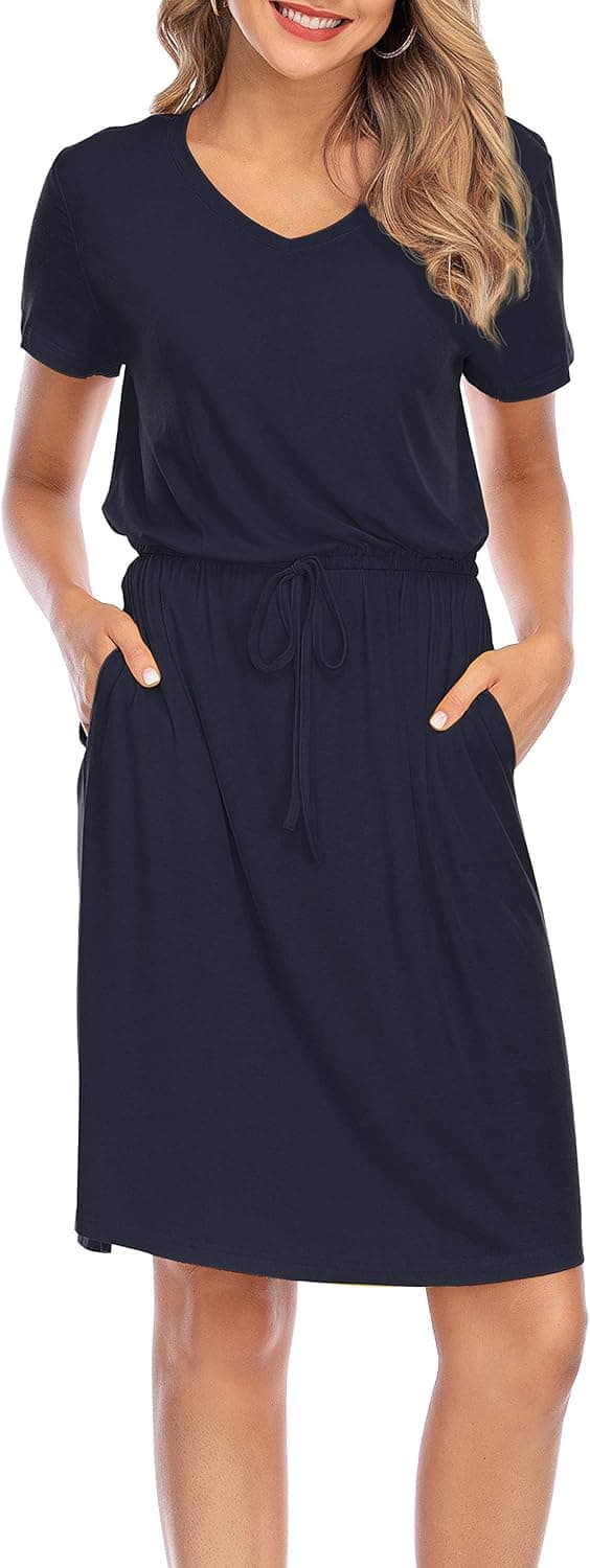 Newbby Womens Short Sleeve V Neck Elastic Waist Casual Midi Dress with Pockets (Deep Blue Midi Dress, XL)