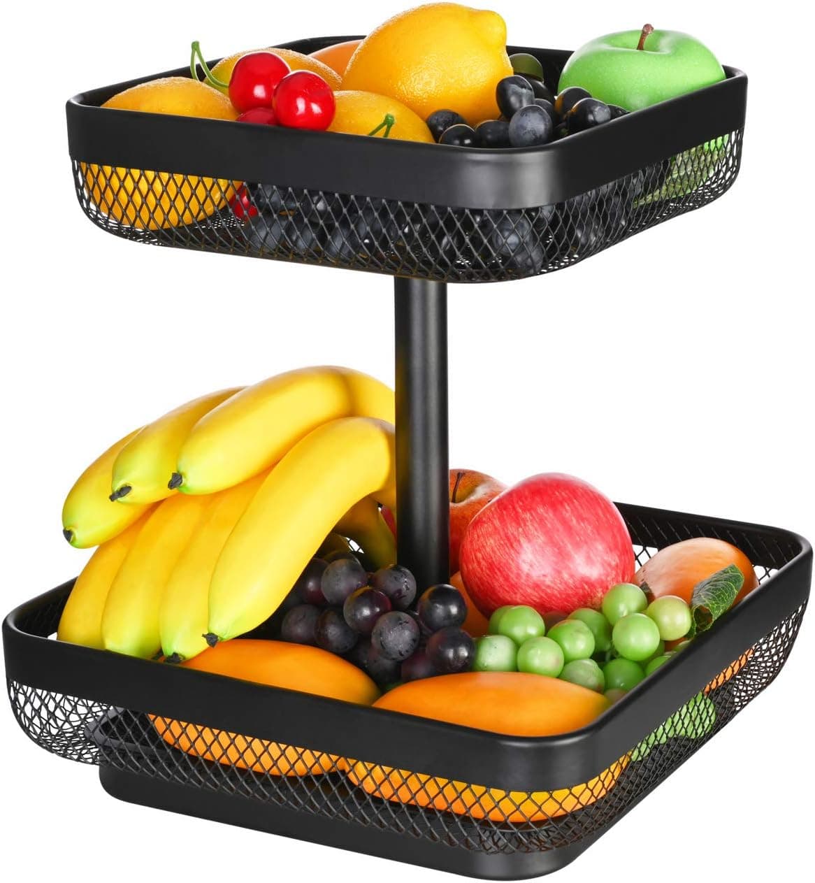 IBERG 2 Tier Fruit Basket Mesh Fruit Bowl - Basket Stand for Fruits Vegetables Bread Snacks (Black Square)