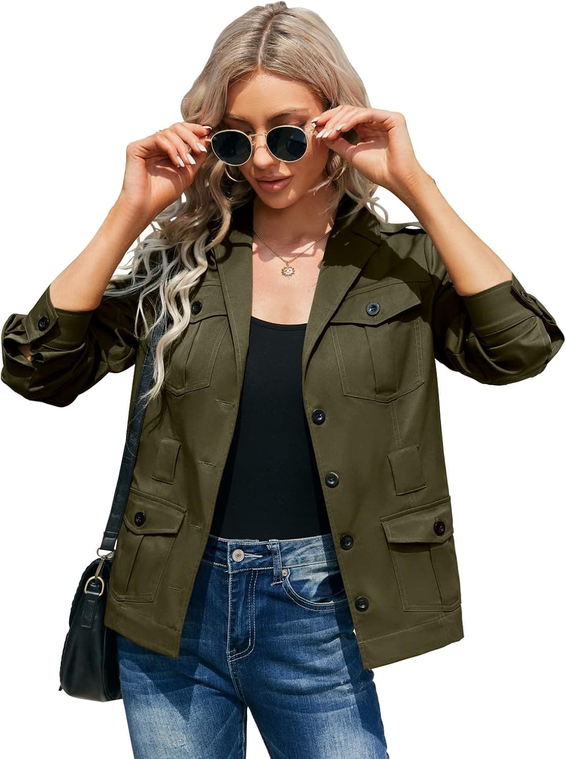 Aoysky Women's Lightweight Utility Jacket Long Sleeve Casual Pocket Military Coat Bow Tie Outwear