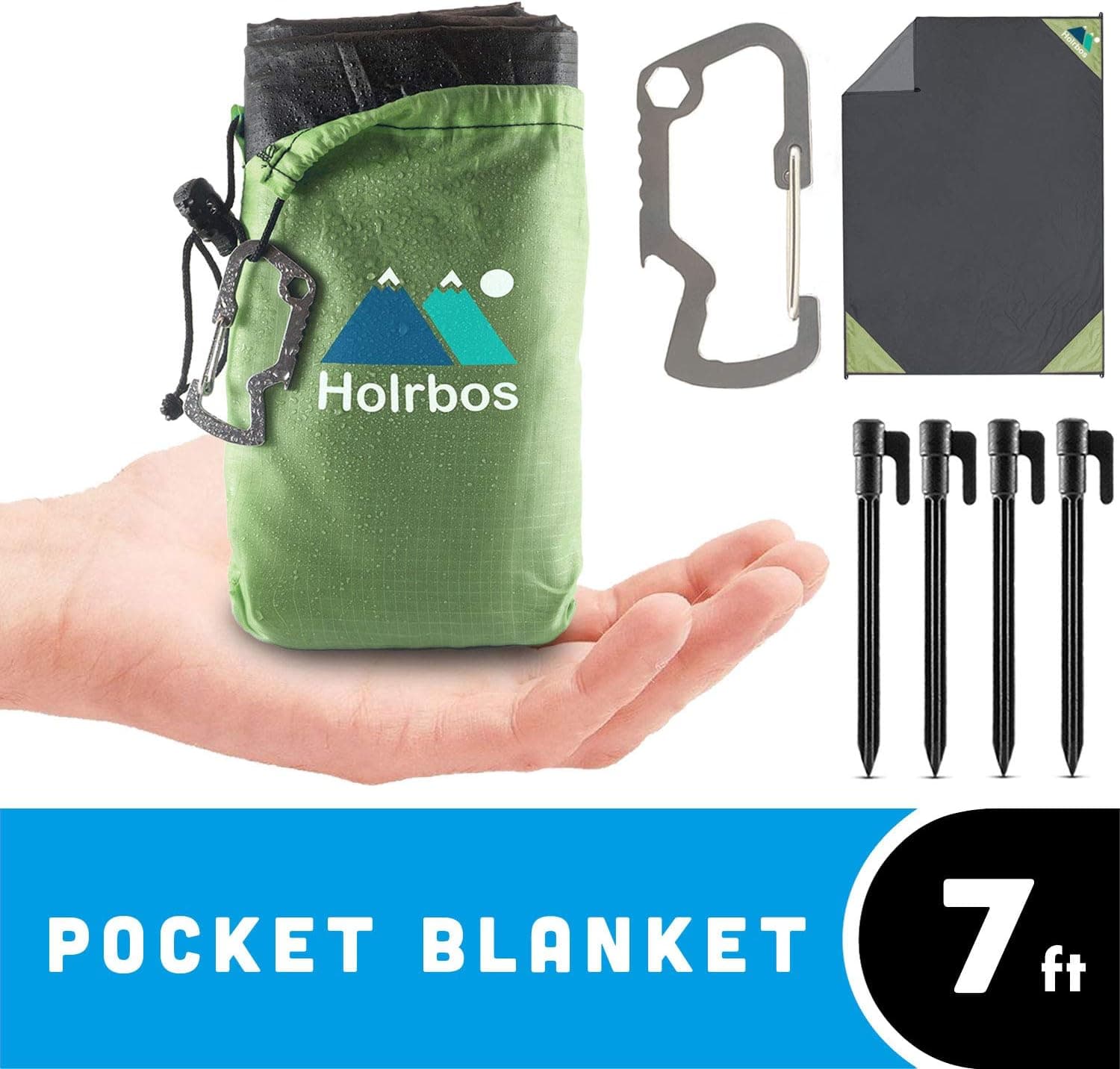 Holrbos Compact Outdoor Pocket Blanket | Water Resistant + Sand Proof Mat Best for Beach, Picnic, Camping, Hiking | Included 2 in 1 Carabiner Bottle Opener, Ground Stake Kit - Large 82”x56