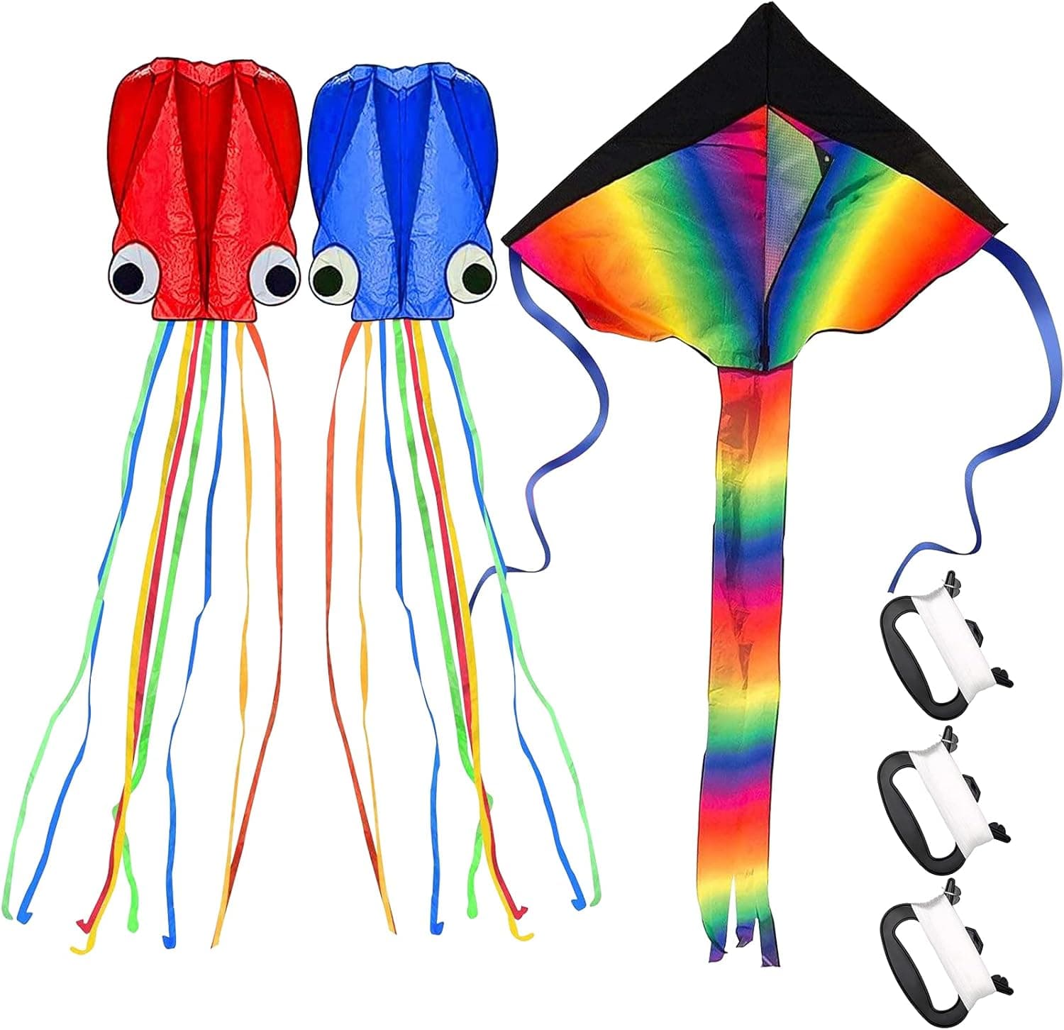 mortd Kites for Kids Easy to Fly, 3 Pack Kites Large Rainbow Delta Kite and 2 Giant Octopus Kites(Red&Blue), Easy to Fly Kites for Kids and Adults Great Beach Kites for Family Outdoor Game Activities