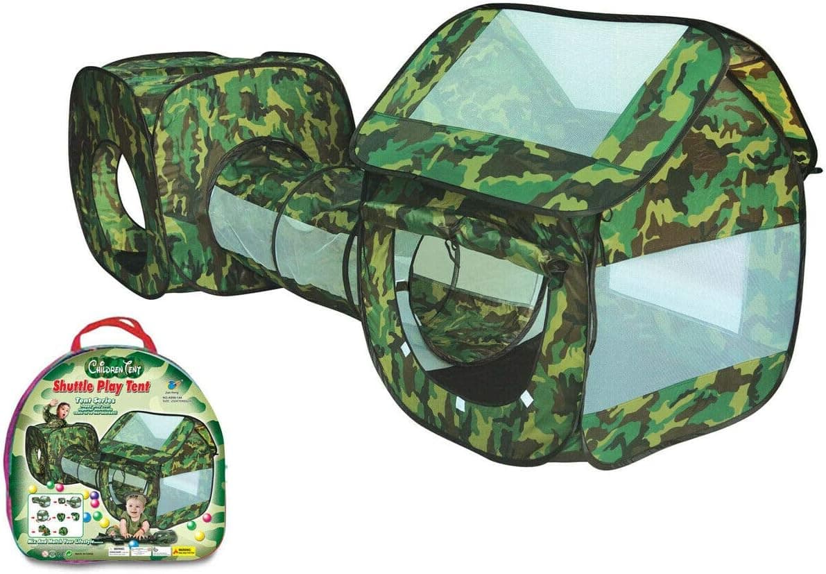 3 in 1 Kids Play Tent with Tunnel Baby Ball Pit, Children Camo Play Tent for Boys Pop up Castle Playhouse Baby Indoor Playground Outdoor Toddler Playground Play Tents Birthday