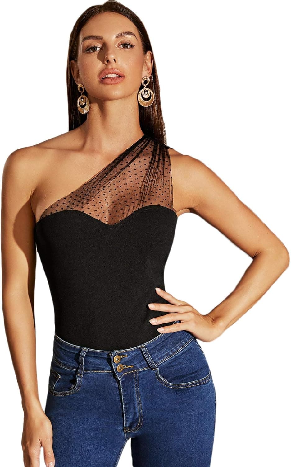 WDIRARA Women's Mesh Polka Dot One Shoulder Sleeveless Slim Fit Elegant Top Black XL