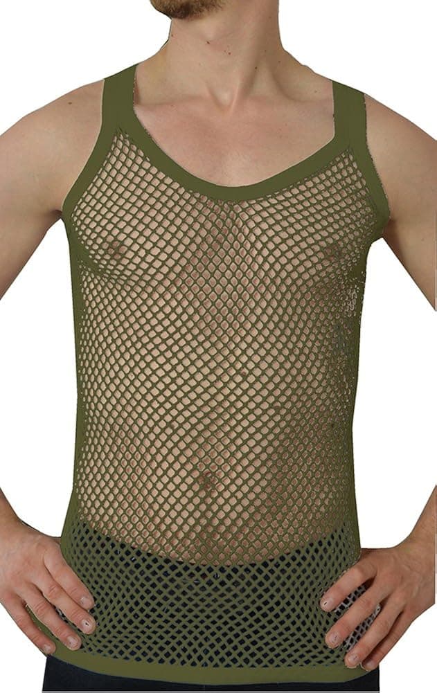 Crystal Mens 100% Cotton Mesh Fishnet Fitted String Vest (Medium, Army Green)
