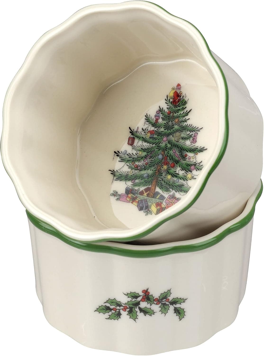 Spode Christmas Tree Round Scalloped Ramekins | Oven Safe Bowls for Souffle, Creme Brulee, Lava Cake, Custard, & More | Dipping Sauce Cups | Christmas Ramekin Set of 2, 3.5" Diameter