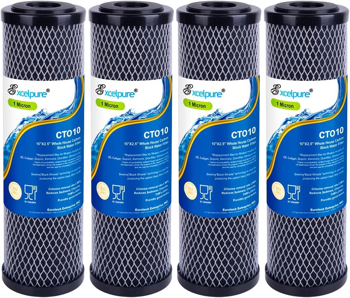 EXCELPURE 1 Micron 10" x 2.5" Whole House CTO Carbon Water Filter Cartridge Replacement for Home Countertop System, Dupont WFPFC8002, WFPFC9001, FXWTC, SCWH-5, WHEF-WHWC, WHCF-WHWC, CTO10, T01, 4PACK