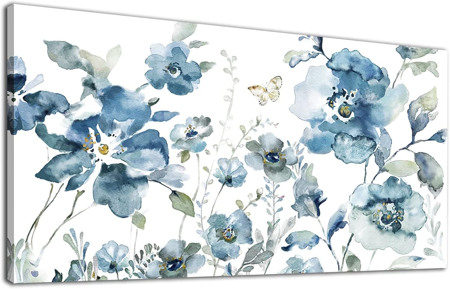 Flower Canvas Wall Art Blue Floral Canvas Painting Pictures for Gallery Wall Decor Butterfly Flies in Indigo Flowers Canvas Prints Artwork for Living Room Bedroom Home Wall Decorations 48" X 24"
