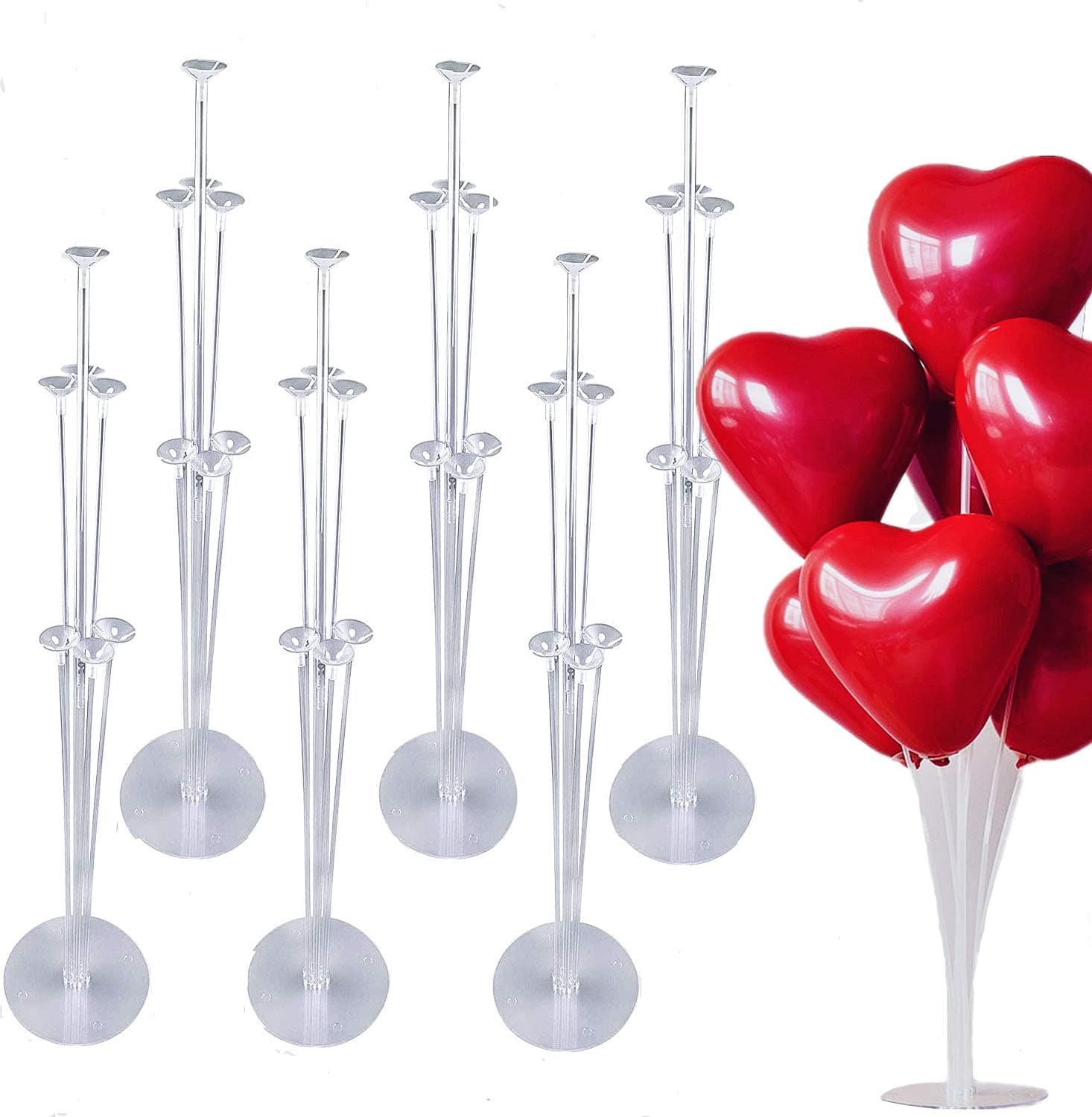 Balloon Table Stand Kit 6 Sets for Birthday Decorations, Wedding Decorations, Party Decorations, Clear Balloon Holder Stands Kit with 11 Balloon Sticks, 7 Balloon Cups, 4 Union Joints and 1 Balloon Base