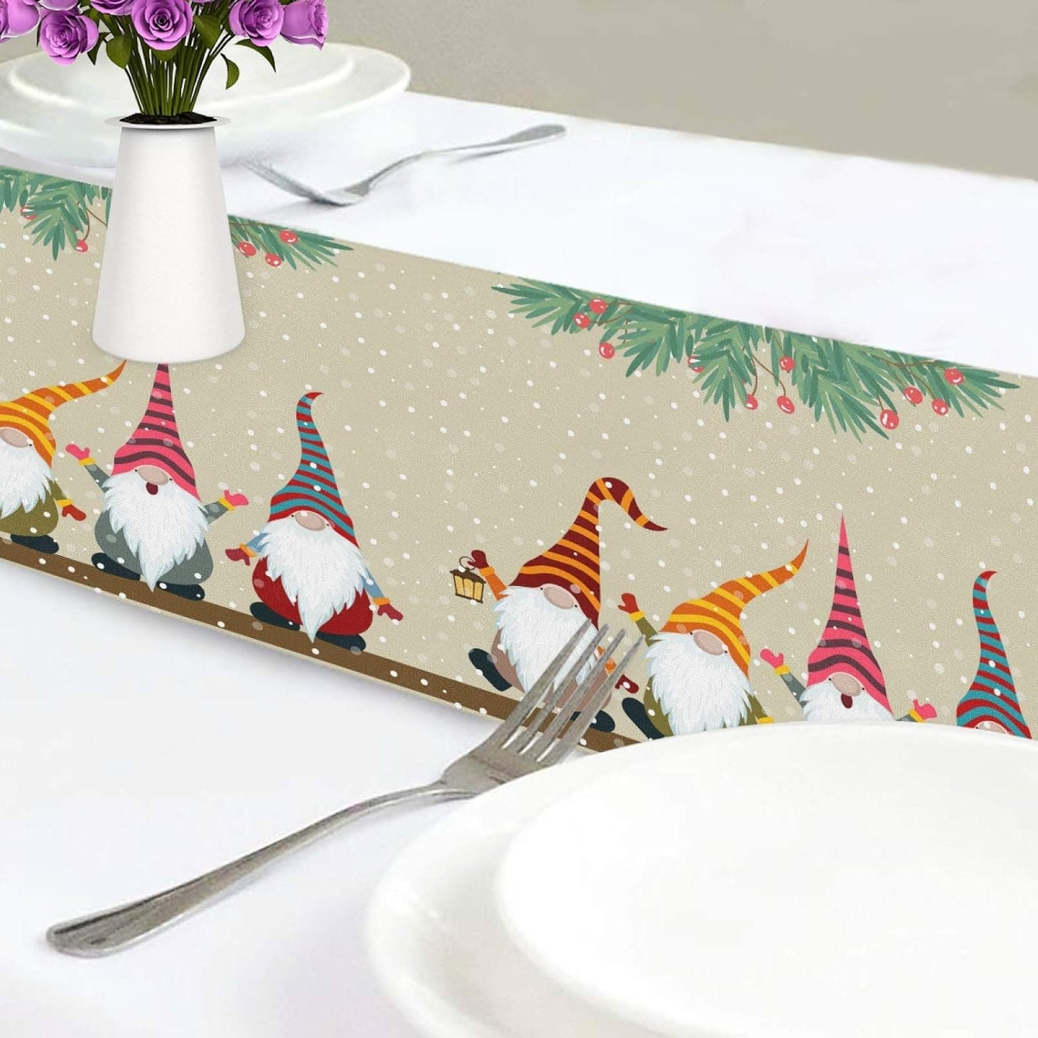 FFYHO Christmas Gnomes Table Runner Double-Sided 13x90Inch Winter Snowflake Farmhouse Long Side Desk Dresser Scarves Tall Kitchen Tea/Coffee Table Dining Room Decoration Party