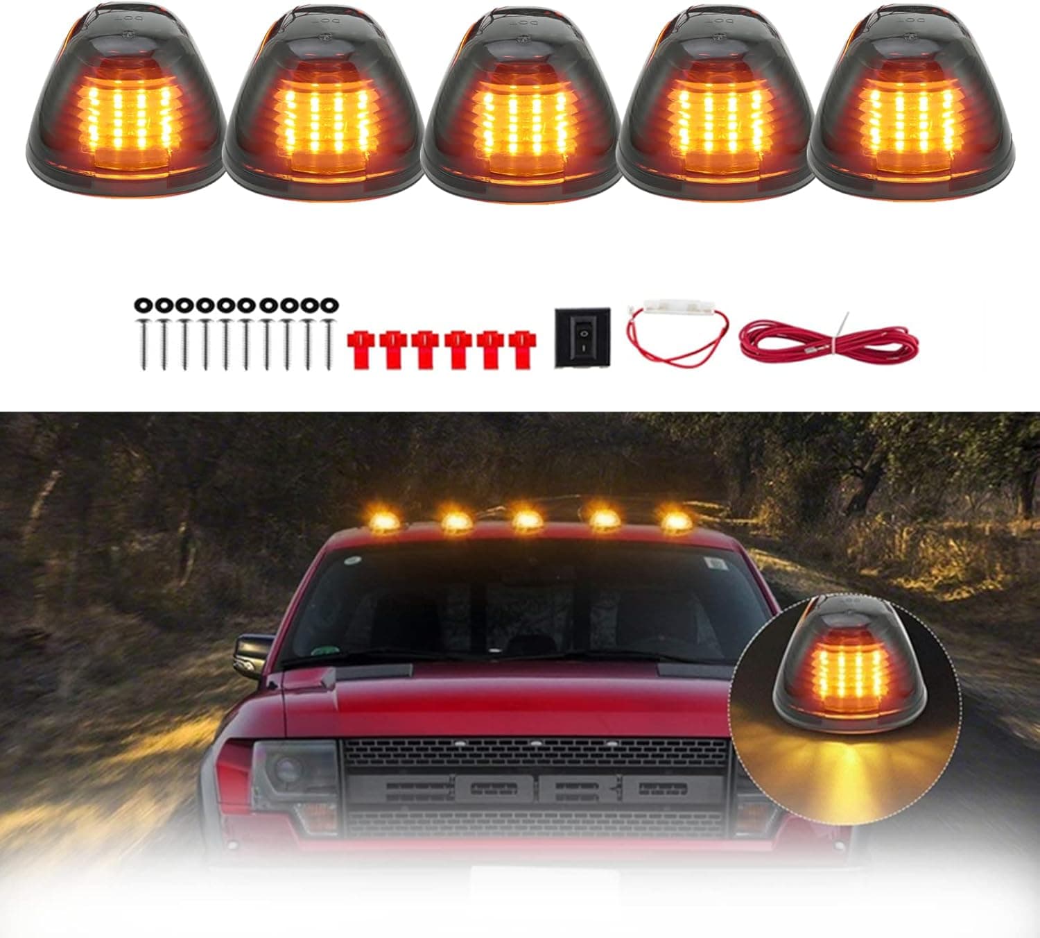 5 X Cab Marker Light, Smoke Lens Amber 16 LED Roof Running Lightsw/Wiring Pack,Accessories Light Sets Compatible with 1999-2016 Ford F150 F250 F350 F450 F550 F65 E150 E250 E350 Super Duty Pickup Truck