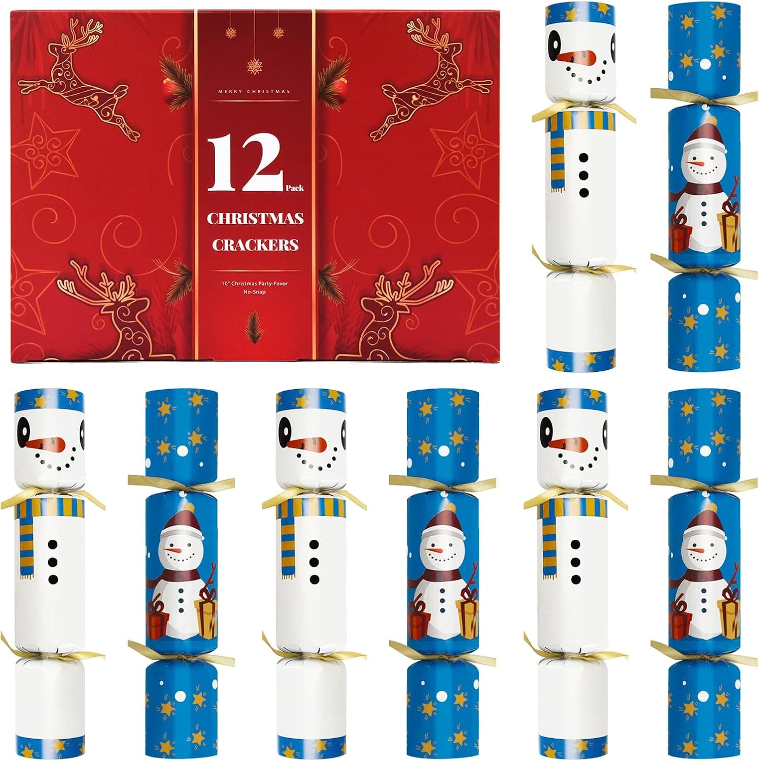 12 Pack 10" Christmas No-Snap Party Table Favor with Party Hats Joke Little Gifts for Kids Adults Xmas Gift, Blue Snowman Design, Holiday Dinner Traditions Party Supplies Table Games