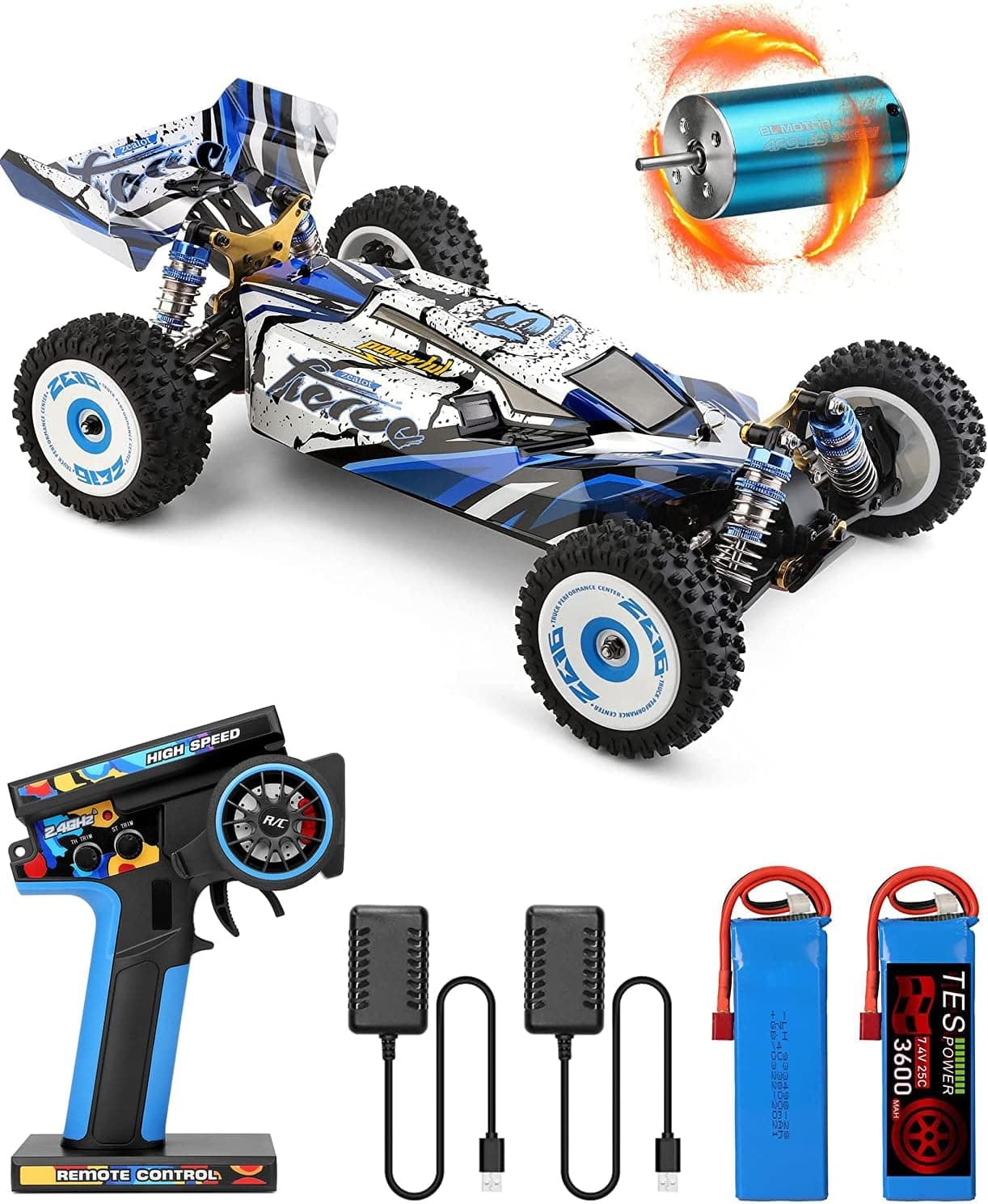 TesPower 75KM/H Remote Control Car with Brushless Motor,Wltoys 124017 RC Car New V2 for Adults,Top Speed 4WD 1:12 Buggy with Metal Chassis,2 Battery 2 Charger,Gift for Boy (RTR)