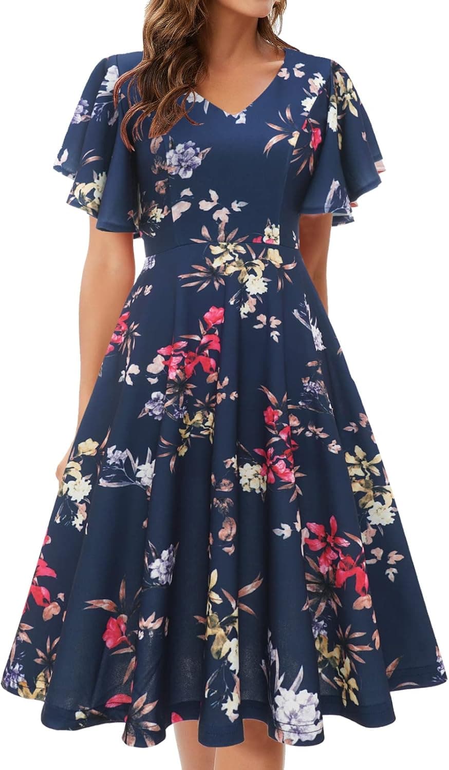 Bridesmay Casual Dresses Vintage Tea Dress Flared Sleeve Swing Party Dress
