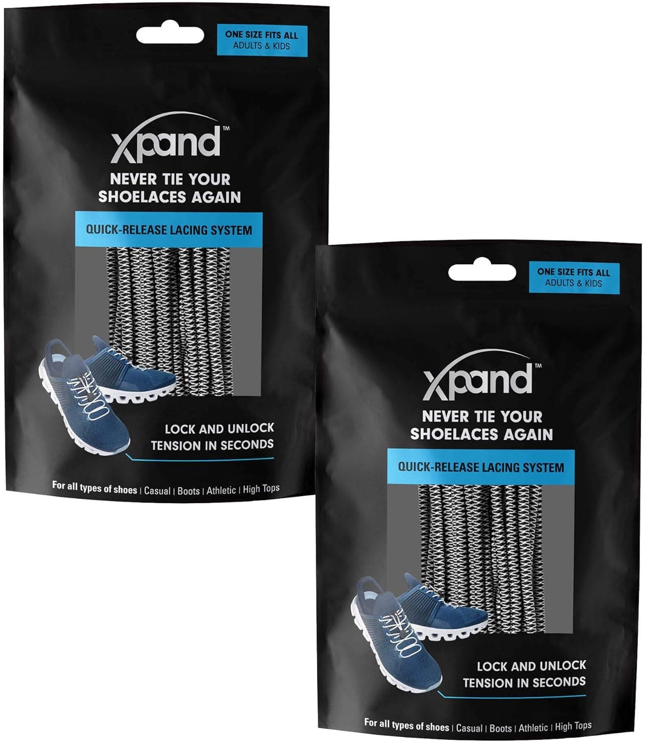XPAND Round No Tie Shoelaces - Elastic Lacing System - One Size Fits All Adults and Kids Shoes (Pack of 2)