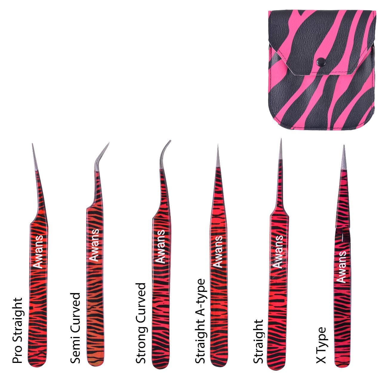 Awans Tweezers Set, Eyelash Extension Tweezers Kit for Craft, Jewellery, Electronics, Laboratory Work, 6 Pieces Set Eyelash Extension Tools Kit, Tweezers Kit with pouch bag (Pink Zebra Pattern)