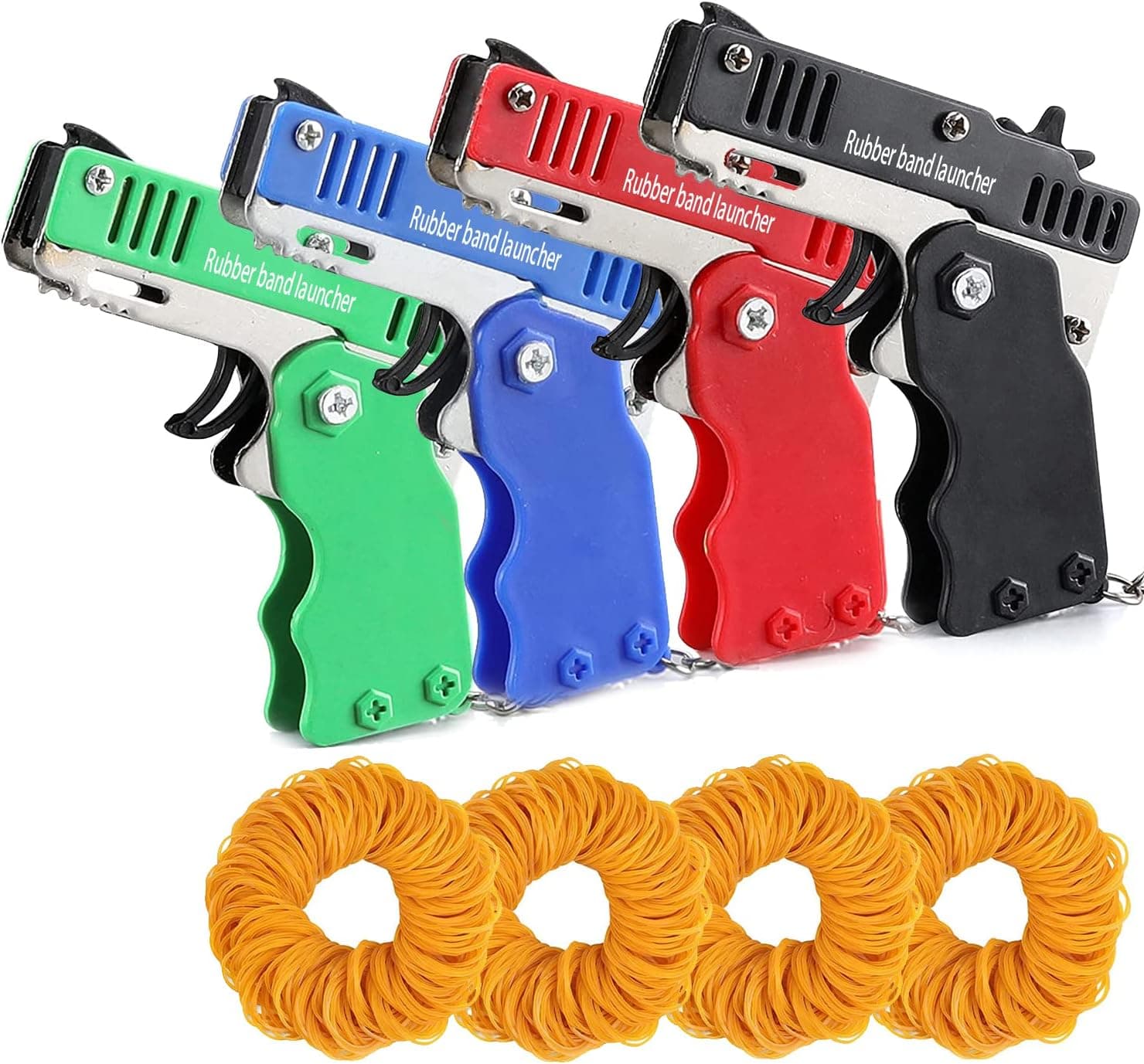 QKUDNGHY Kids Toys Cool Keychain Rubber Band Mini Metal Folding Rubber Launcher Toy with 240 Elastic Rubber Bands for Game Outdoor Activities (4 Pcs 4 Colors)