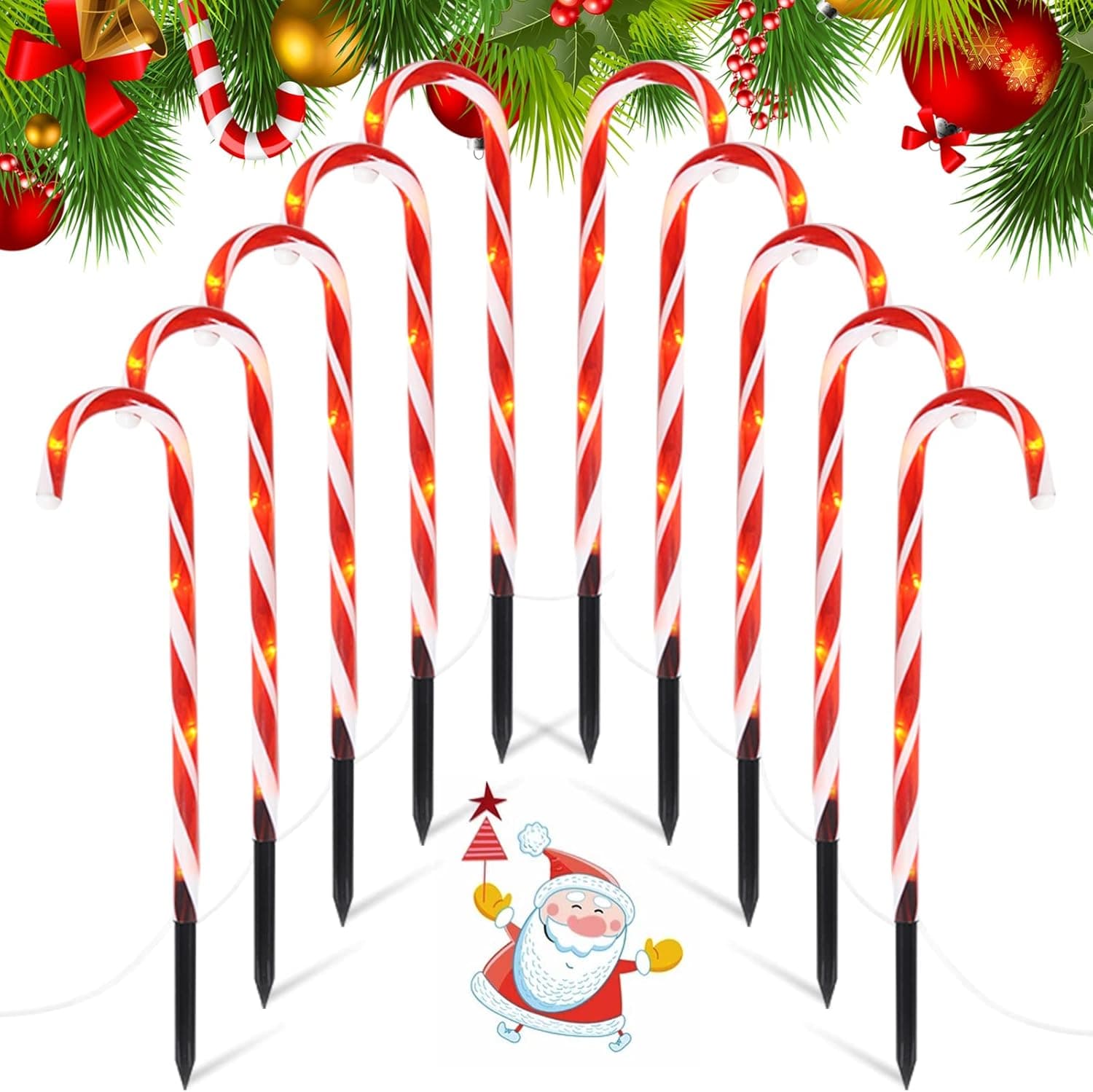 HELESIN Christmas Candy Cane Lights, 10 Pack Christmas Candy Cane Pathway Marker Lights, Christmas Decorations Lights Pathway Lights for Walkway, Yard, Home, Holiday Party Decoration