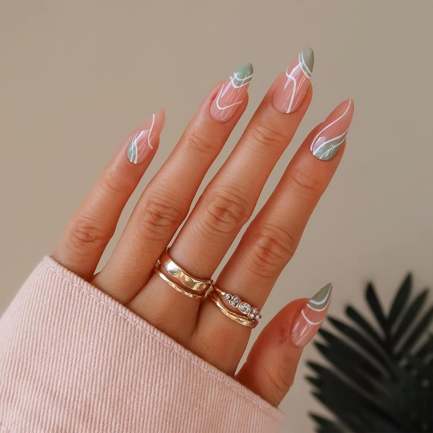 24Pcs Press on Nails Medium Full Cover Almond Fake Nails Glossy Stick on Nails Short French False Nails with Glue Acrylic Nails for Women（Red and green stitching）