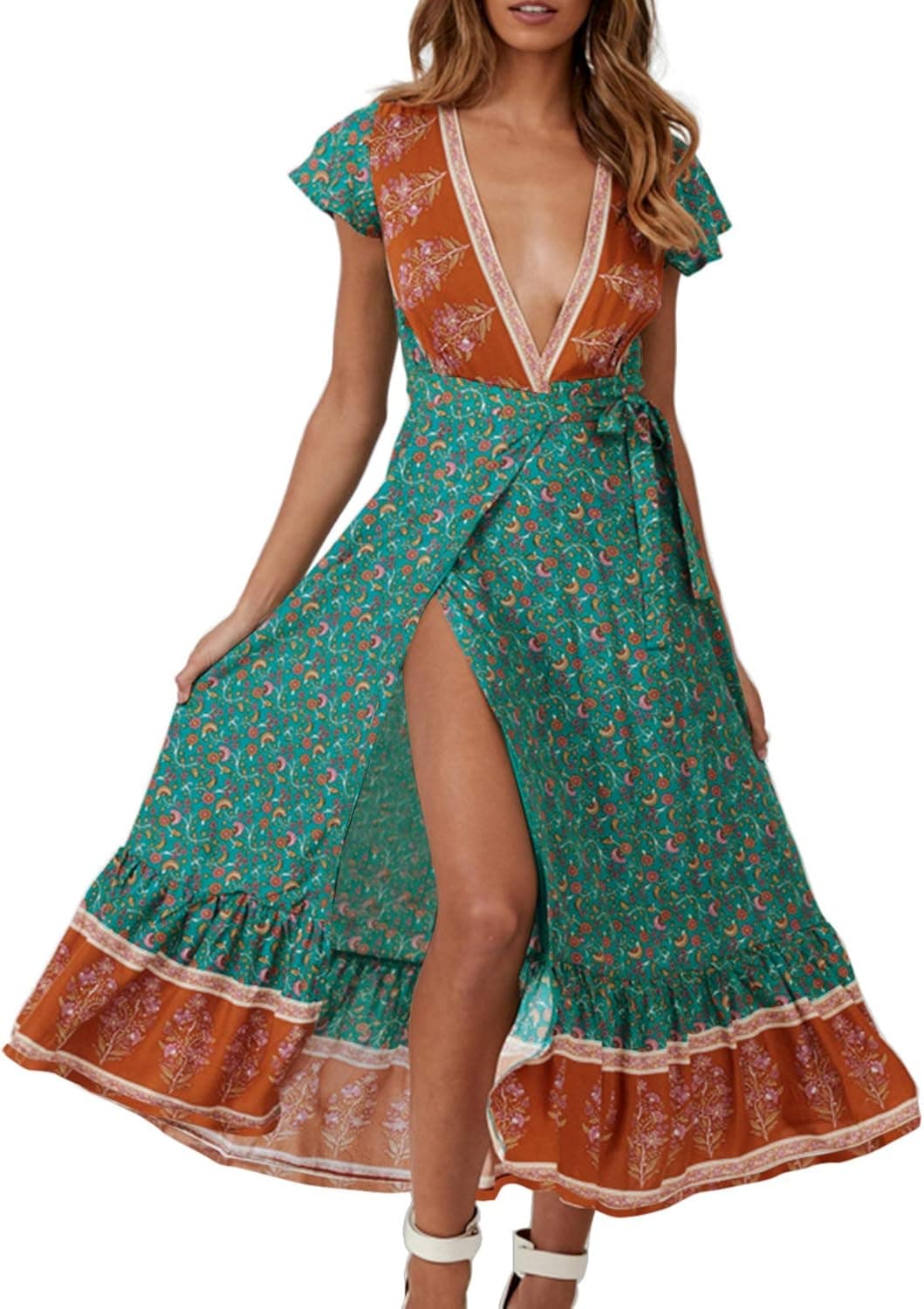 ZESICA Women's Bohemian Floral Printed Wrap V Neck Short Sleeve Split Beach Party Maxi Dress Vintage Green