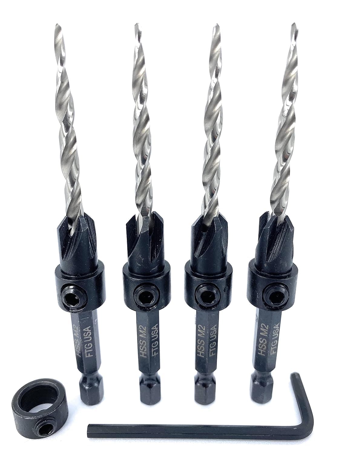 FTG USA Countersink Drill Bit Set 4 Pc Countersink Drill Bit Same Size Countersink 8 (11/64") Tapered Countersink Bit, 1 Depth Stop Collar, Hex Wrench (Allen Key) Woodworking Countersink Drill Bits