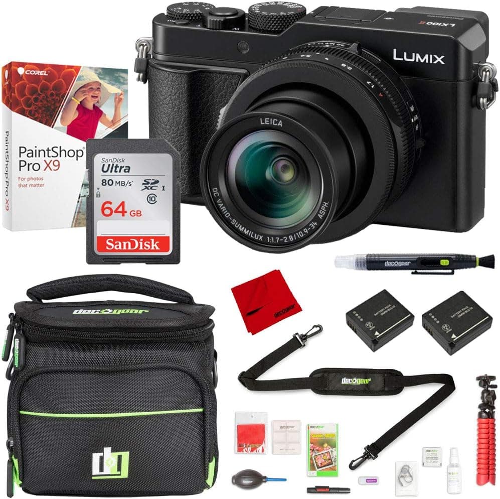 Panasonic LUMIX DC-LX100 II Point and Shoot Digital Camera Black Bundle with 64GB Memory Card, Battery, Camera Bag, Paintshop Pro, Lens Cleaning Pens and Microfiber Cleaning Cloth