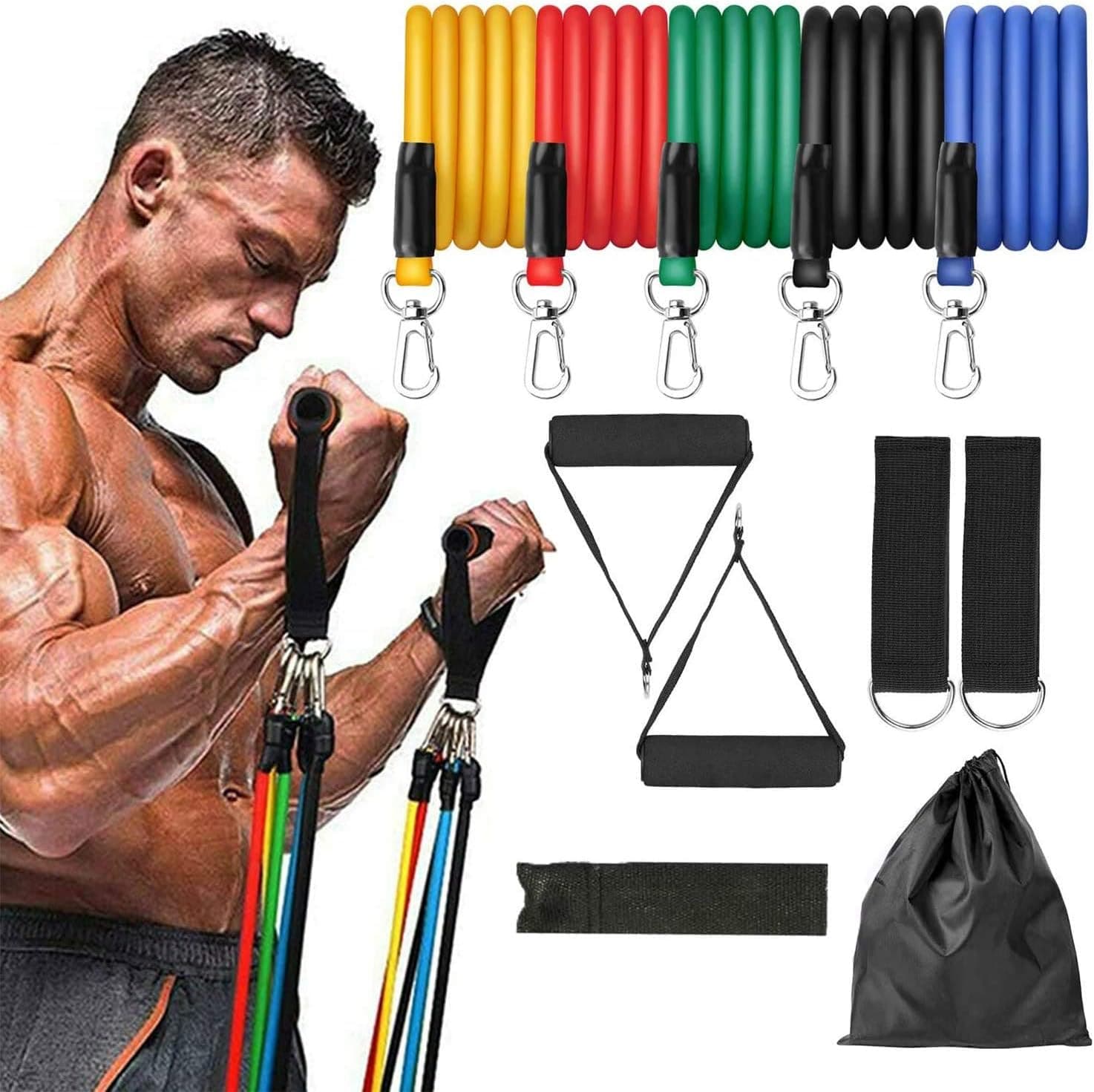 PowerLife 11 Pack Resistance Bands Set Exercise Bands with Door Anchor, Handles, Waterproof Carry Bag, Legs Ankle Straps for Resistance Training, Physical Therapy, Home Workouts