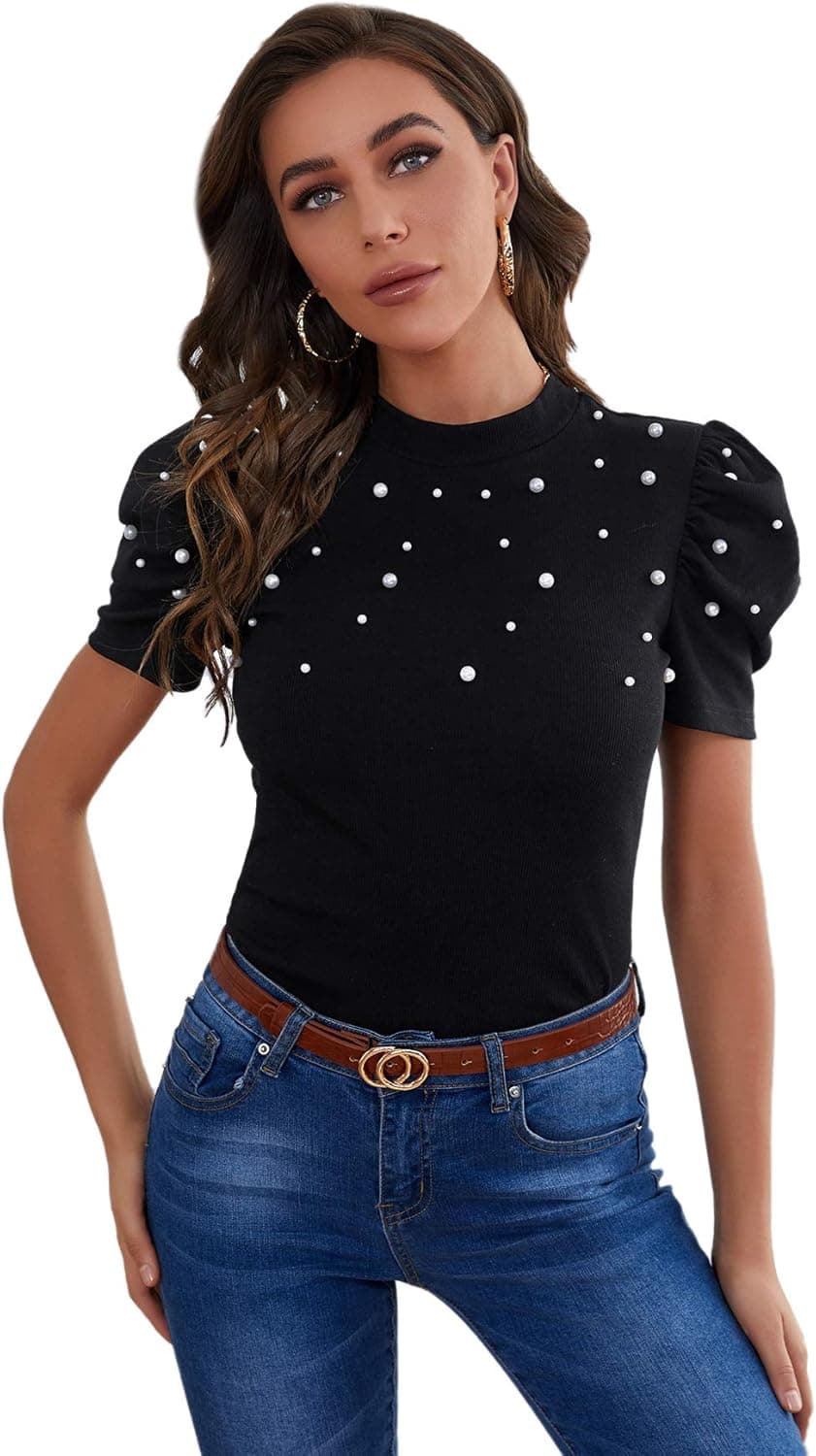 Romwe Women's Elegant Pearl Embellished Puff Short Sleeve Embroidered Blouse Tops